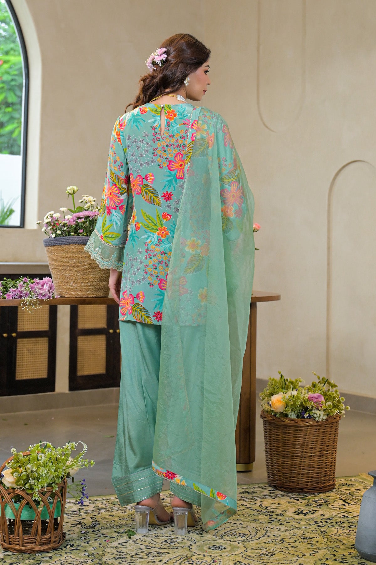 Sky Crepe Silk Embroidered Straight Cut Suit Set| Bairaas