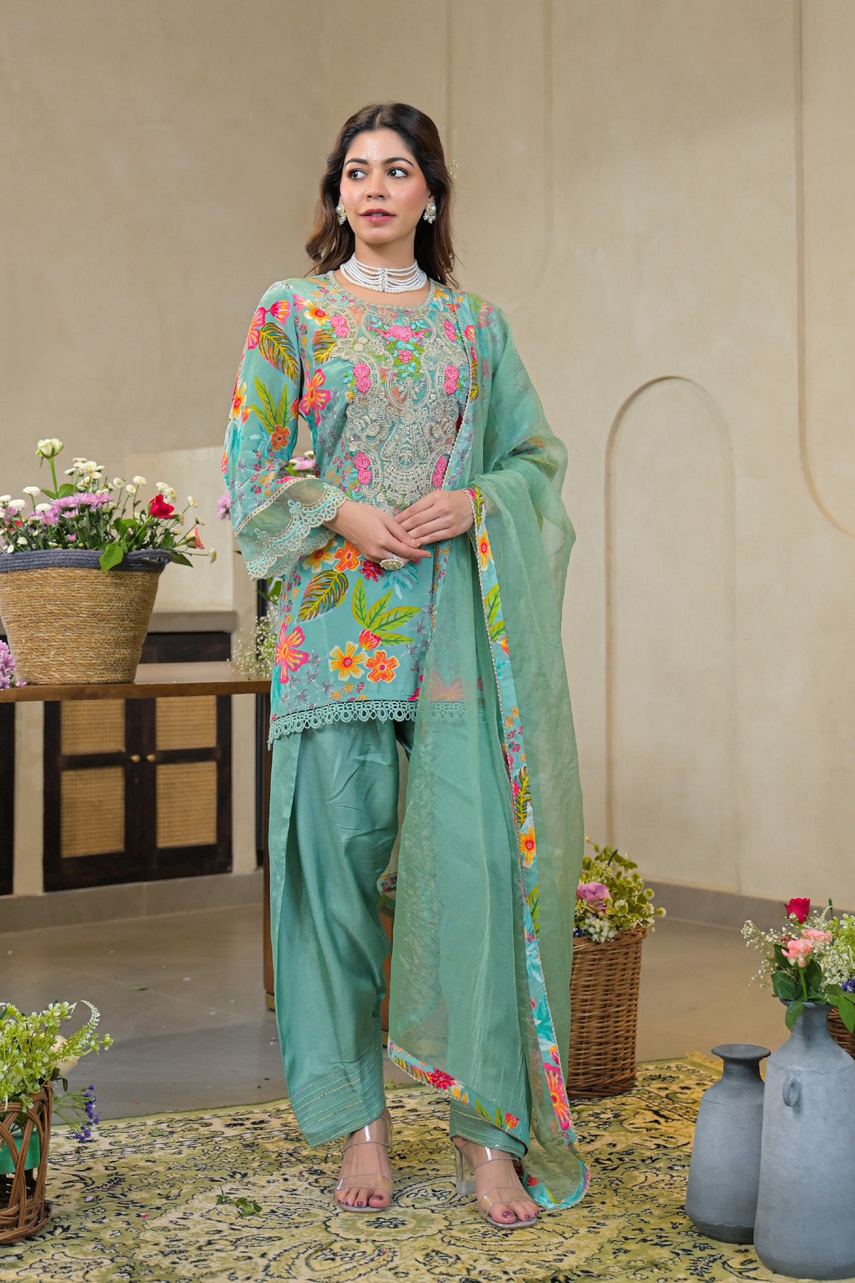 Sky Crepe Silk Embroidered Straight Cut Suit Set| Bairaas