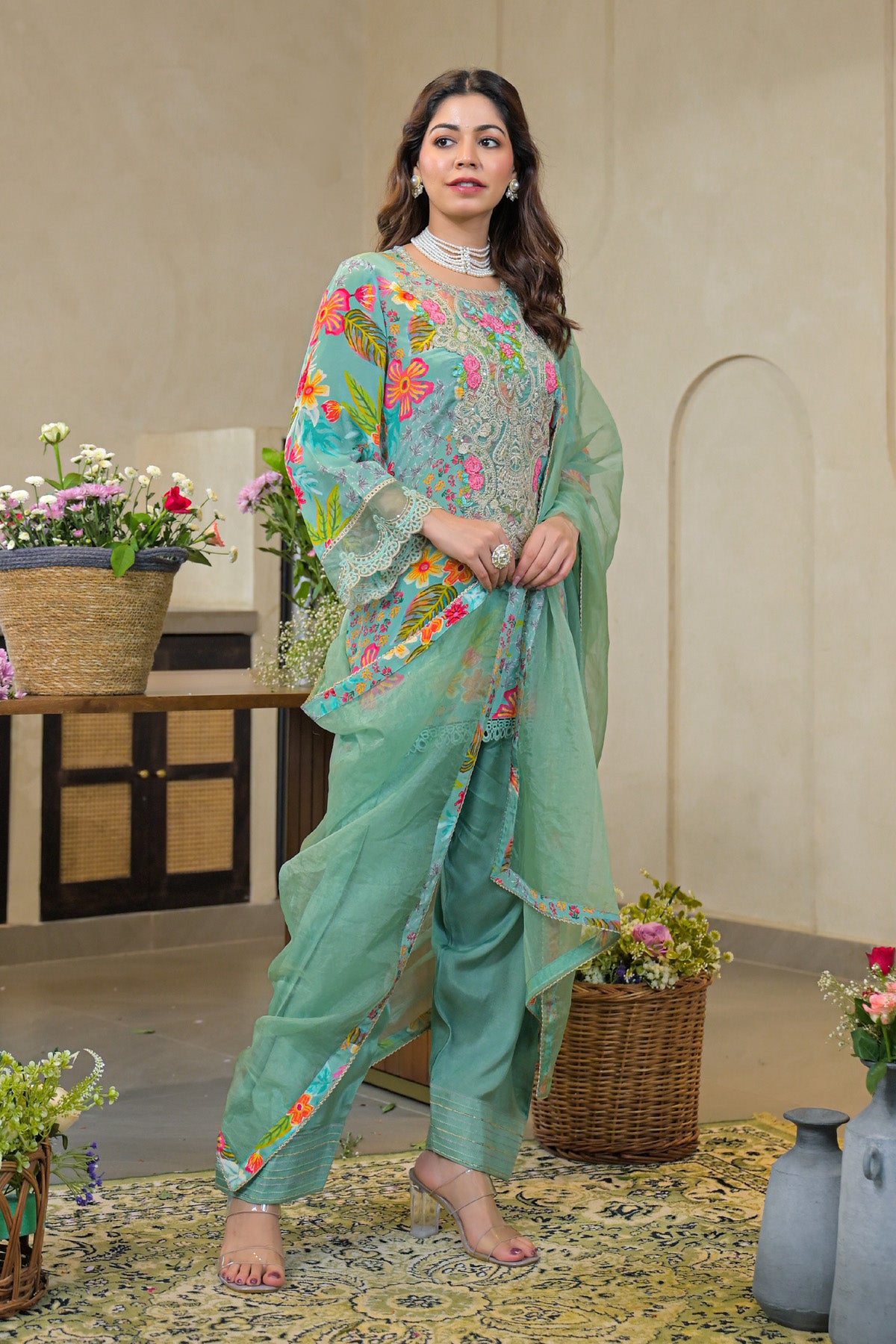 Sky Crepe Silk Embroidered Straight Cut Suit Set| Bairaas