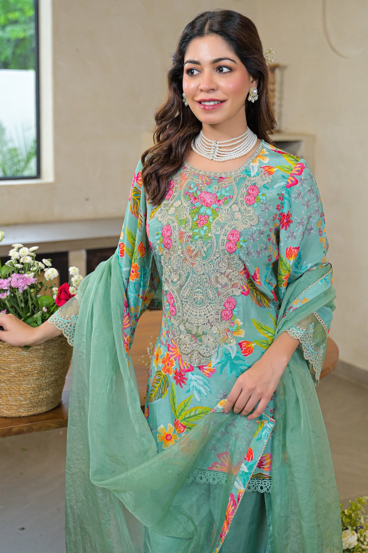 Sky Crepe Silk Embroidered Straight Cut Suit Set| Bairaas