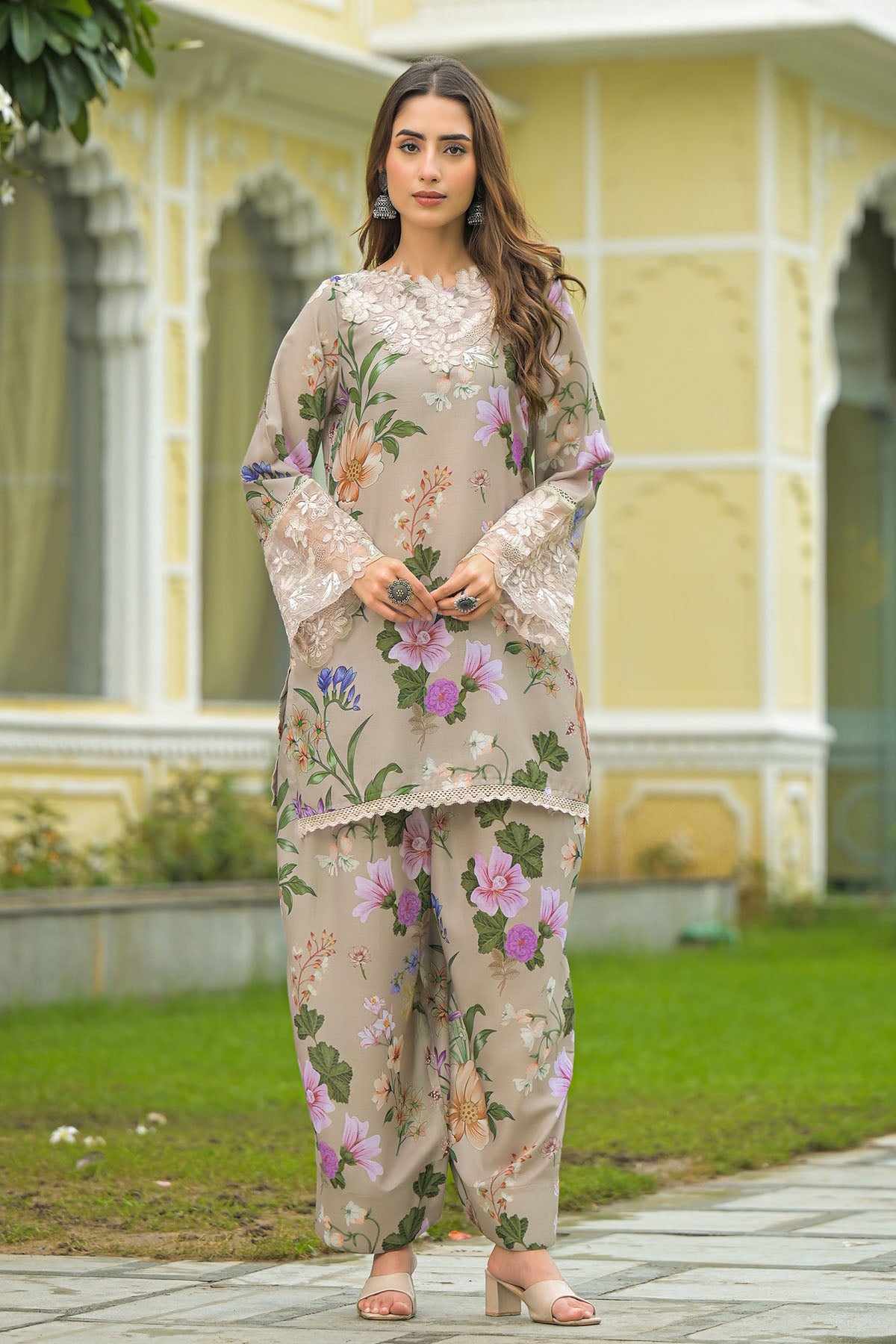 Beige Solid Cotton Embroidered Farsi Salwar Set