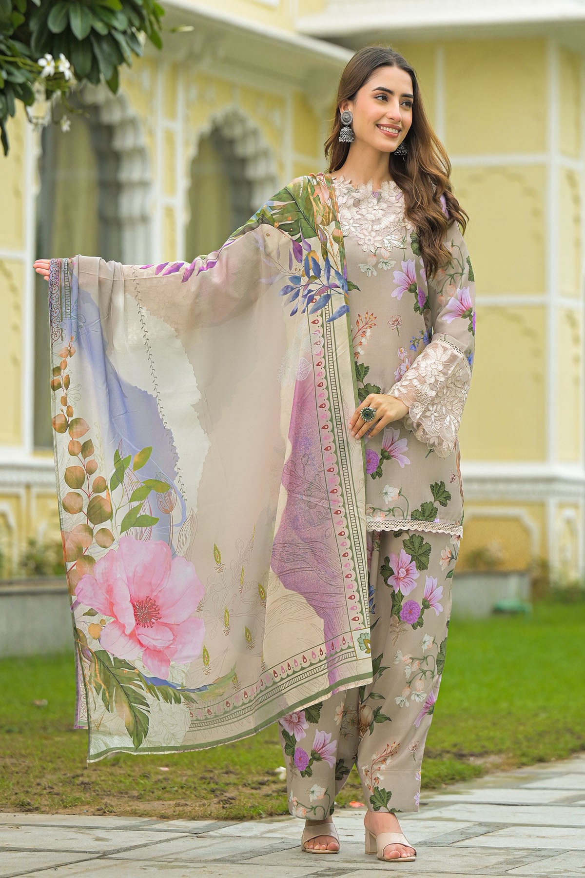 Beige Solid Cotton Embroidered Farsi Salwar Set