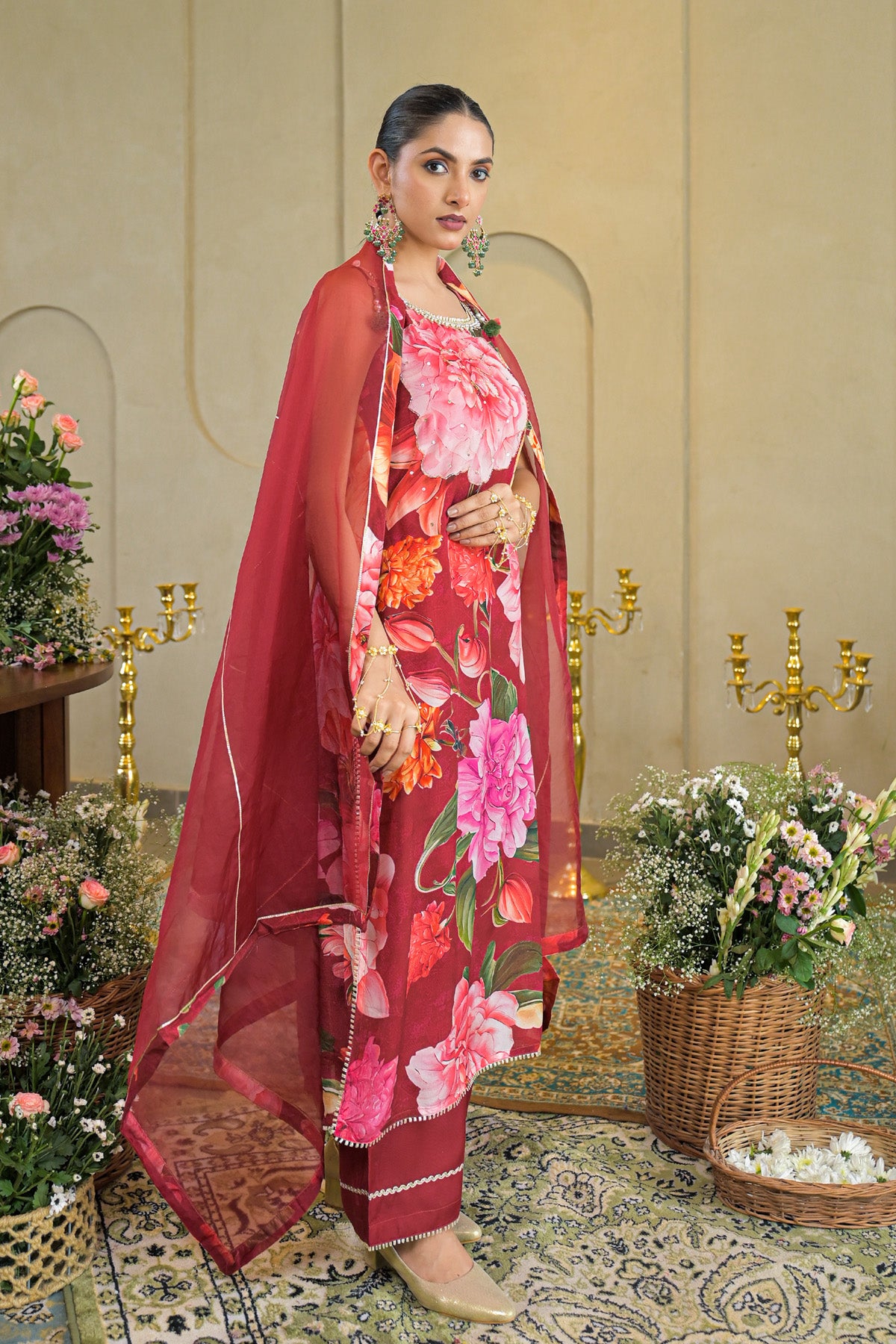 Red Chinon Gotapatti Straight Cut Suit Set with | Bairaas