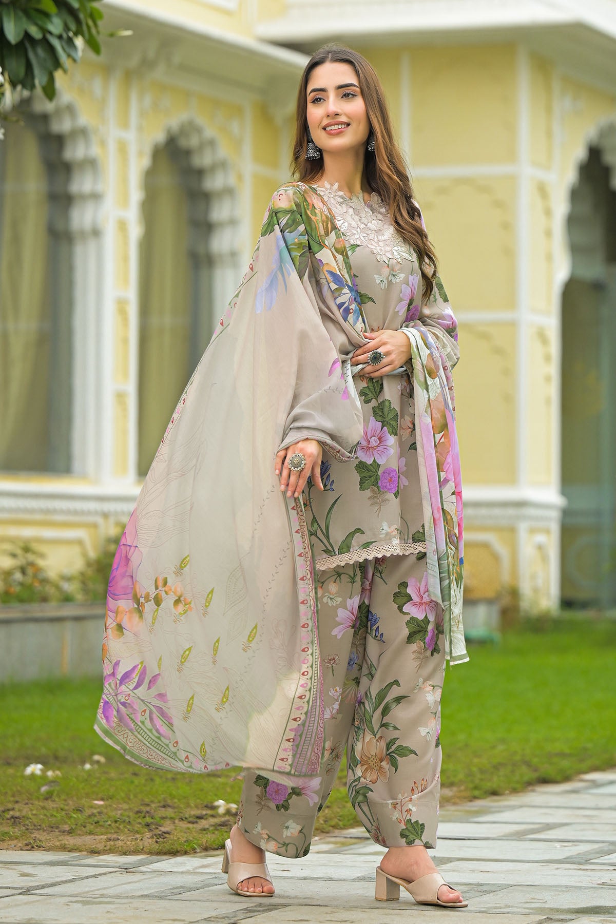 Beige Solid Cotton Embroidered Farsi Salwar Set