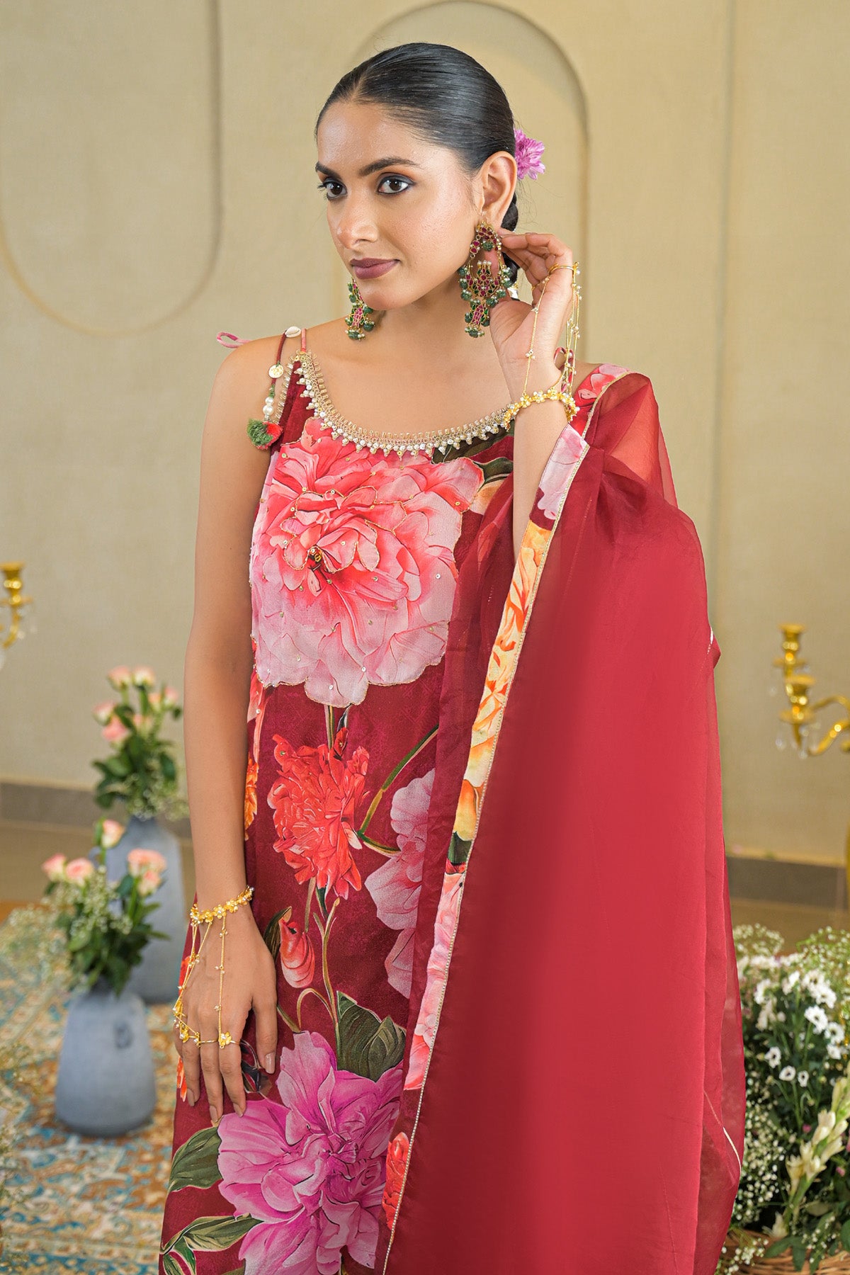 Red Chinon Gotapatti Straight Cut Suit Set with | Bairaas