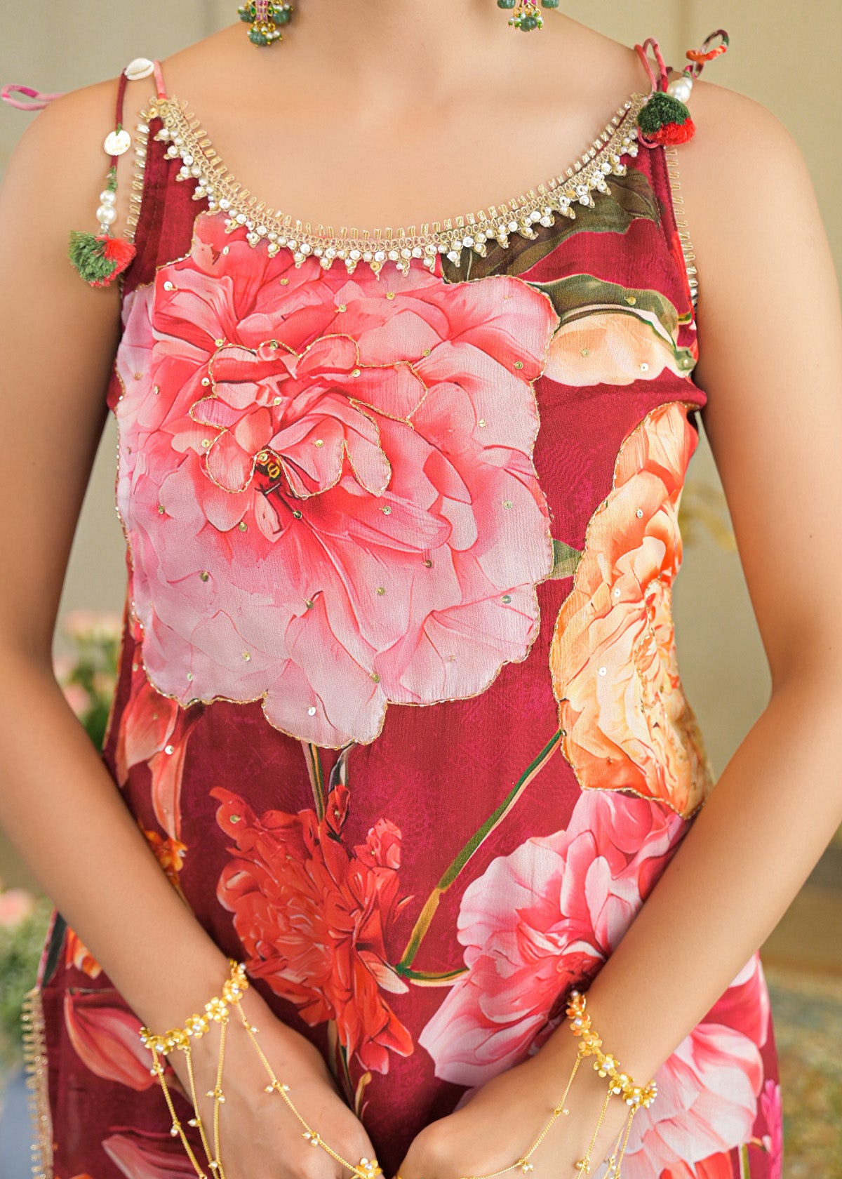 Red Chinon Gotapatti Straight Cut Suit Set with | Bairaas