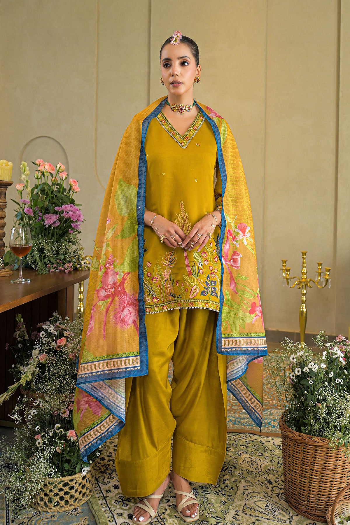 Mustard Solid Chanderi Embroidered Farsi Salwar Set