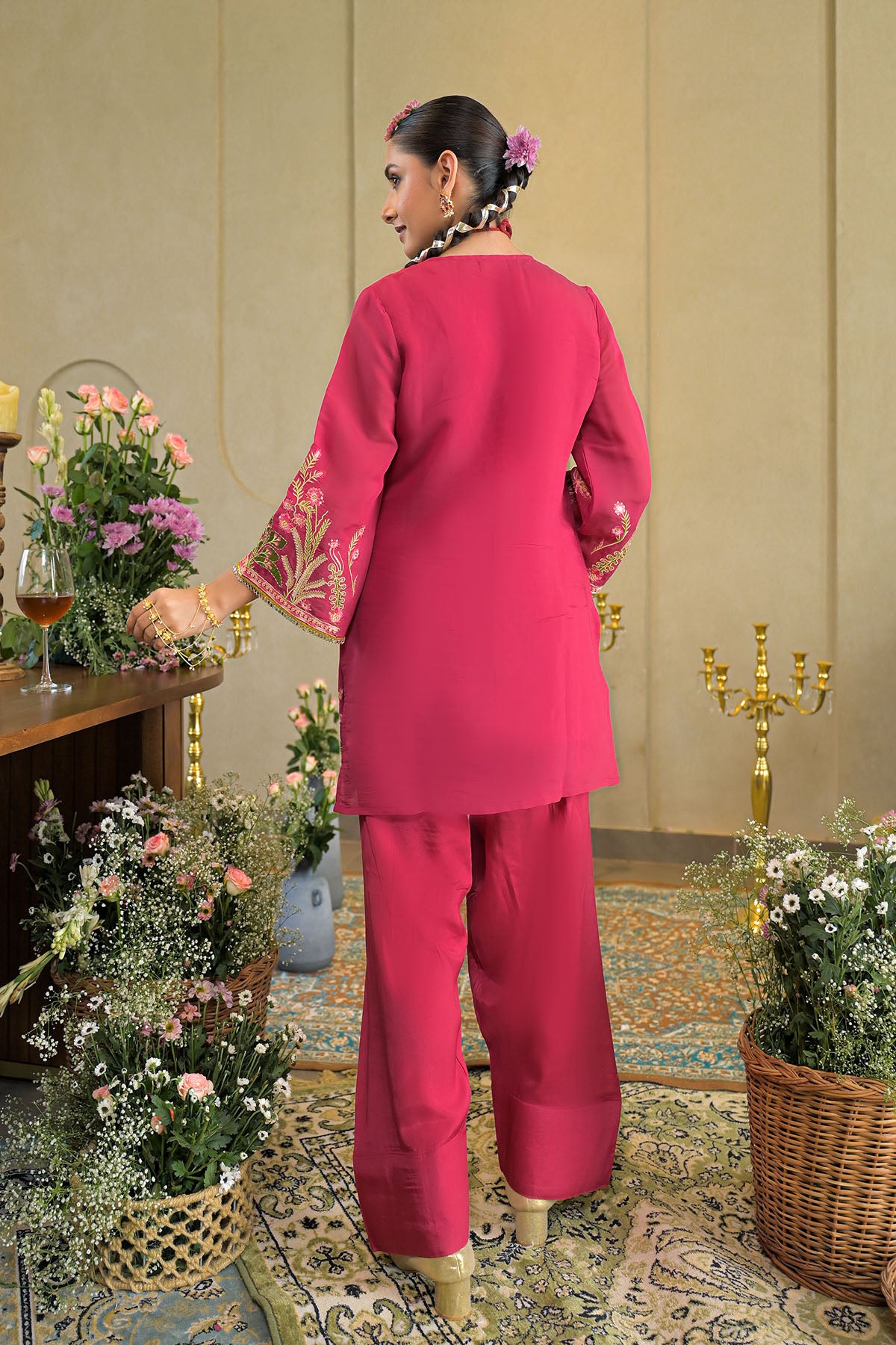 Pink Solid Chanderi Embroidered Farsi Salwar Set