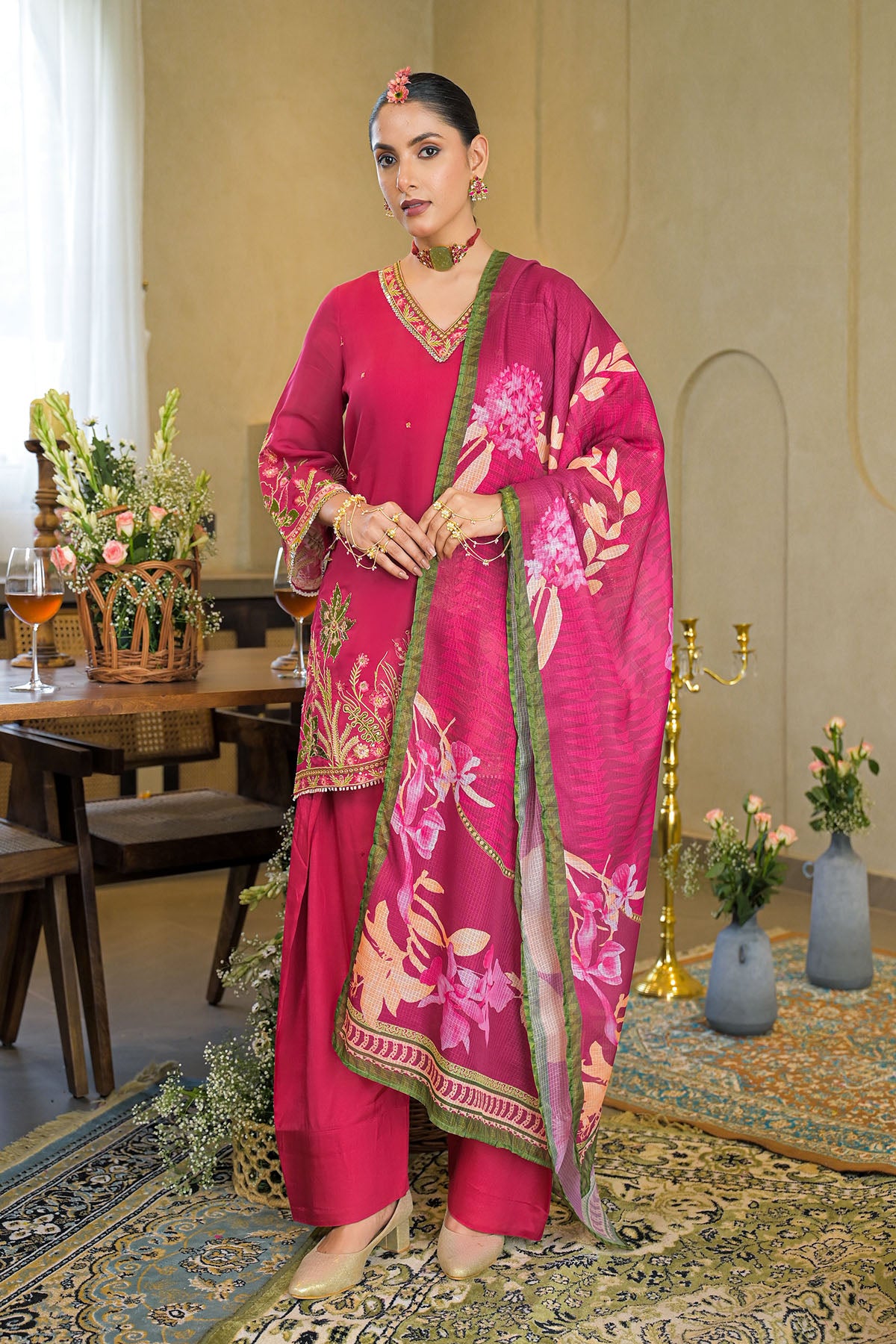 Pink Solid Chanderi Embroidered Farsi Salwar Set