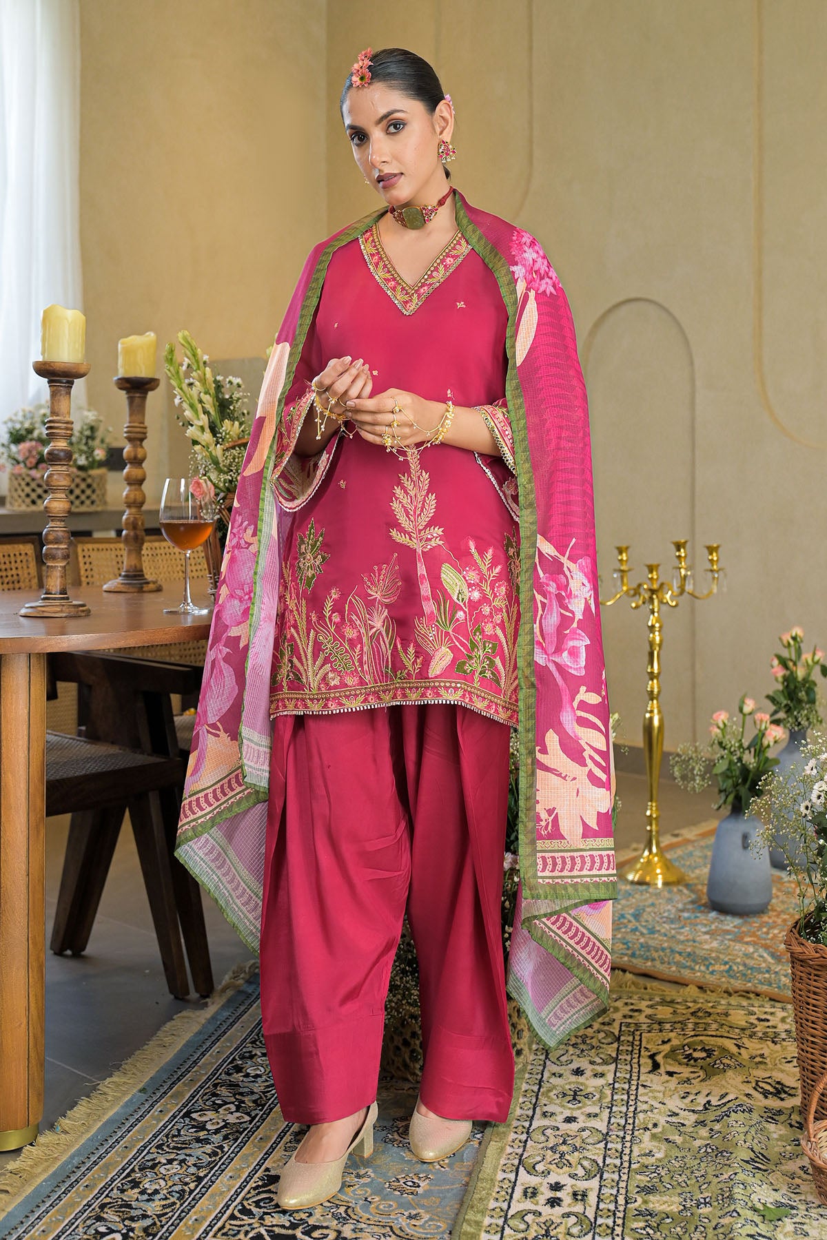 Pink Solid Chanderi Embroidered Farsi Salwar Set