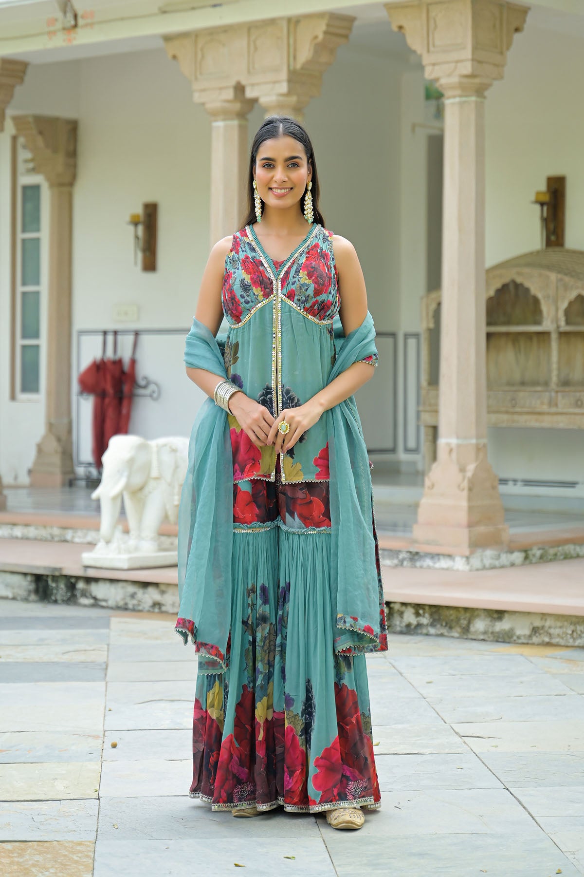 Green Printed Chinon Sharara Set