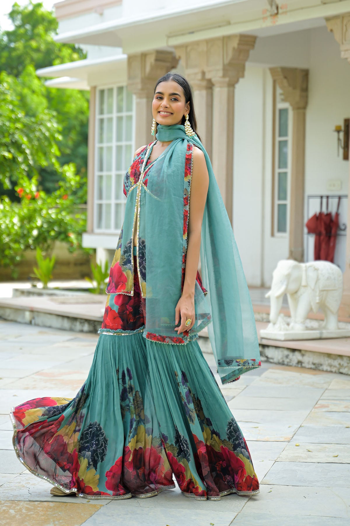 Green Printed Chinon Sharara Set