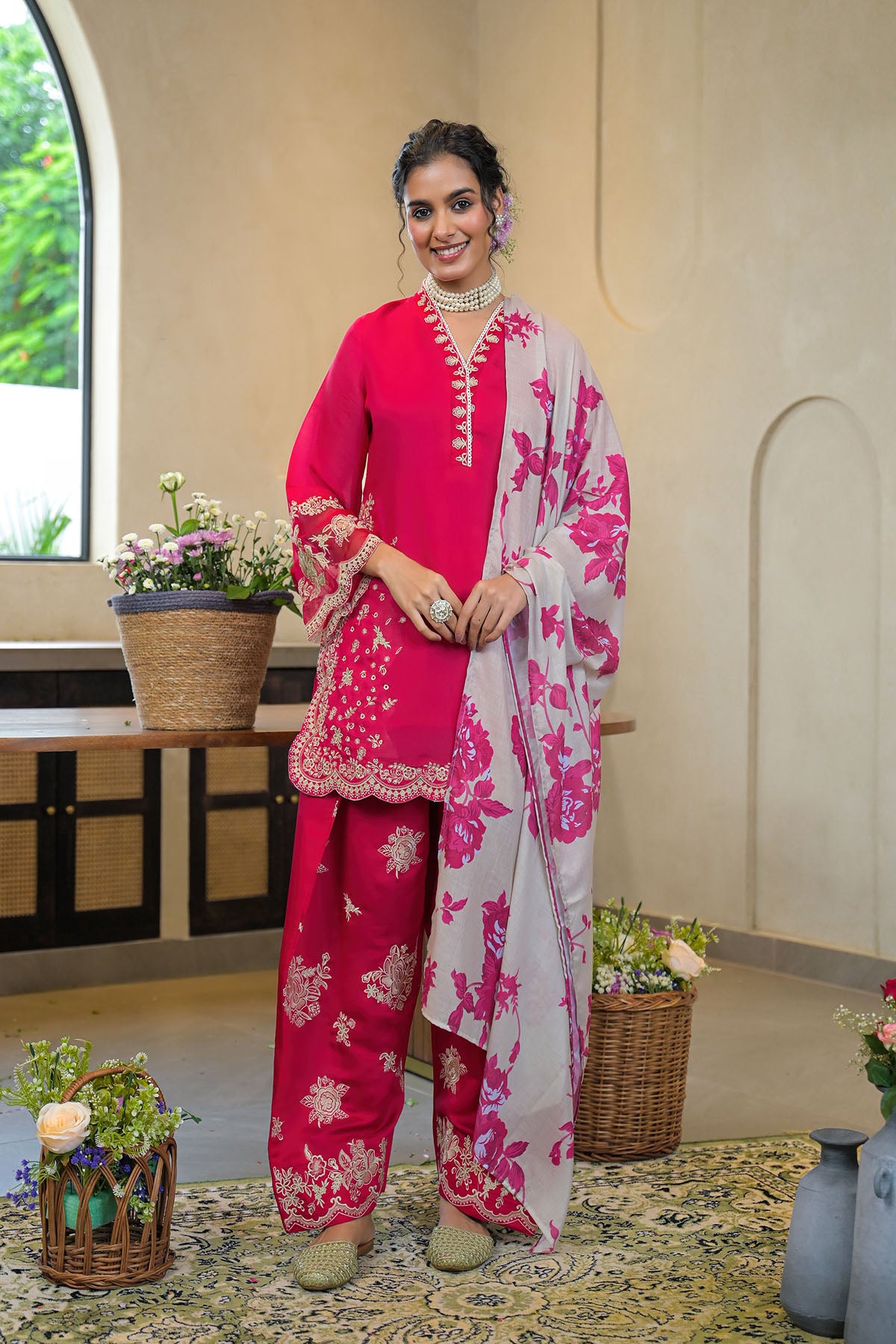 Pink Solid Chanderi Embroidered Farsi Salwar Set