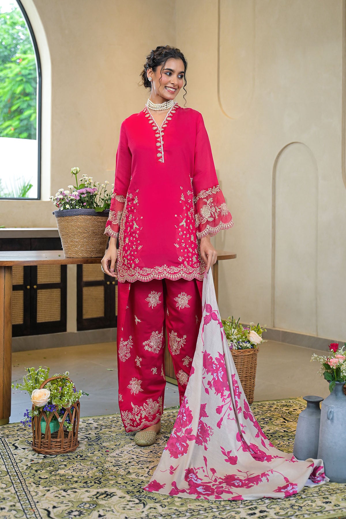 Pink Solid Chanderi Embroidered Farsi Salwar Set