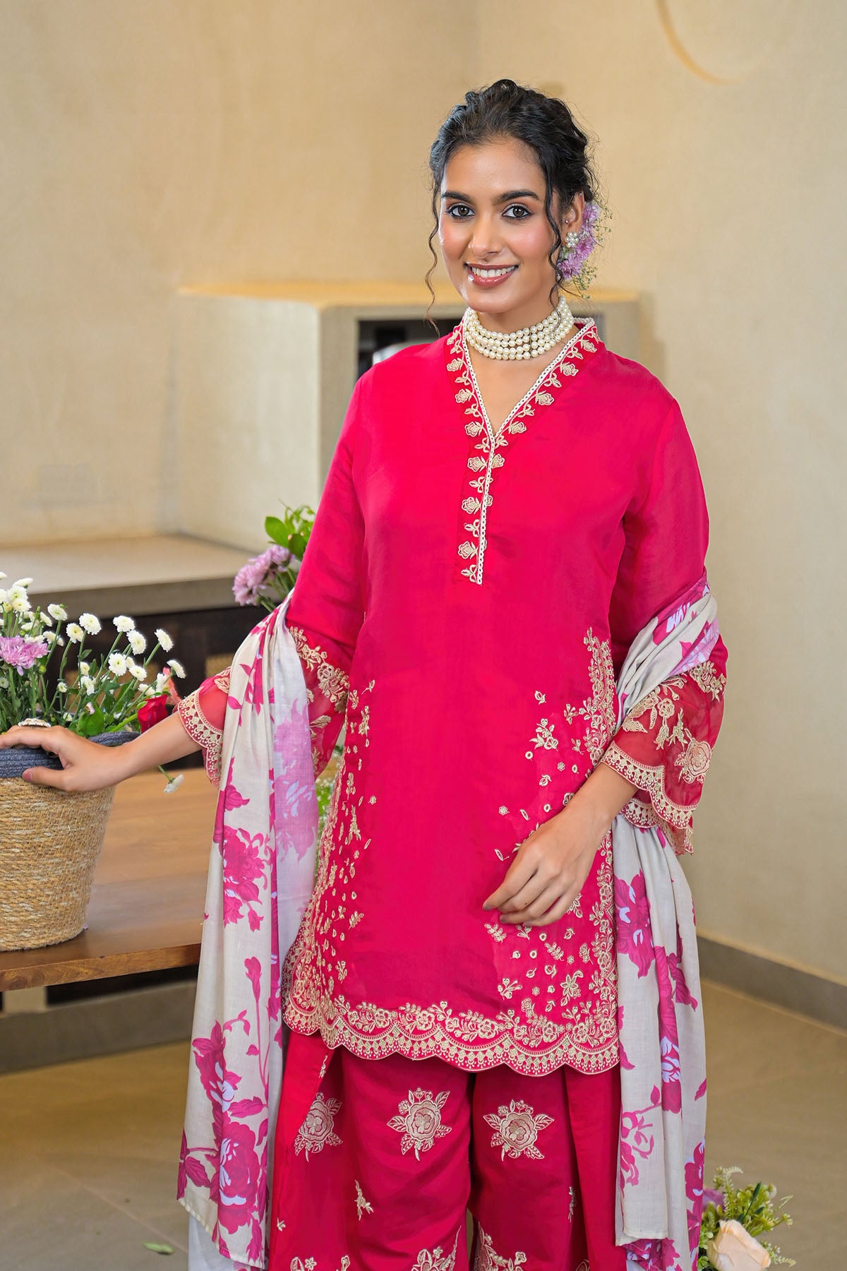 Pink Solid Chanderi Embroidered Farsi Salwar Set