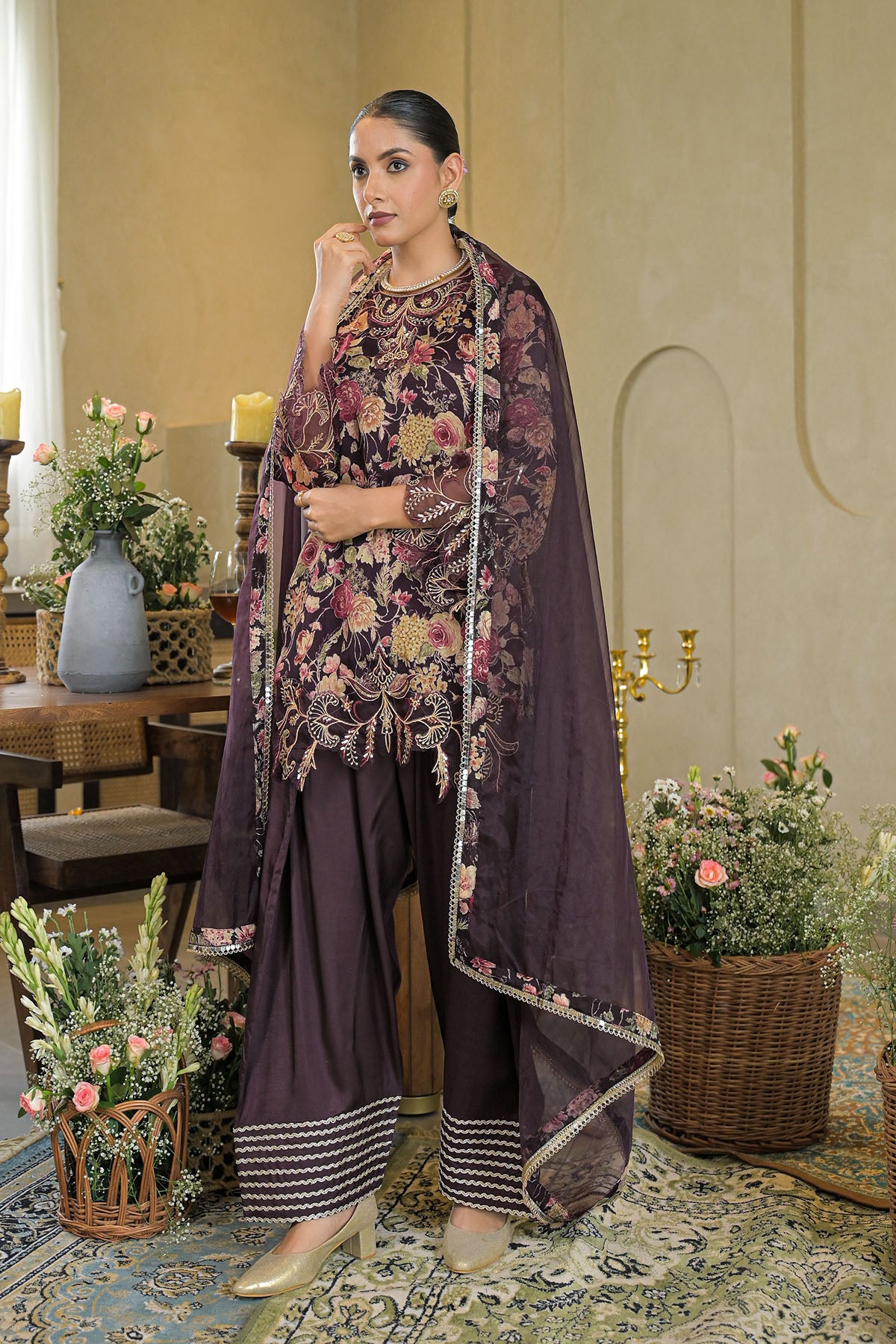 Brown Chinon Embroidered Farsi Salwar Set