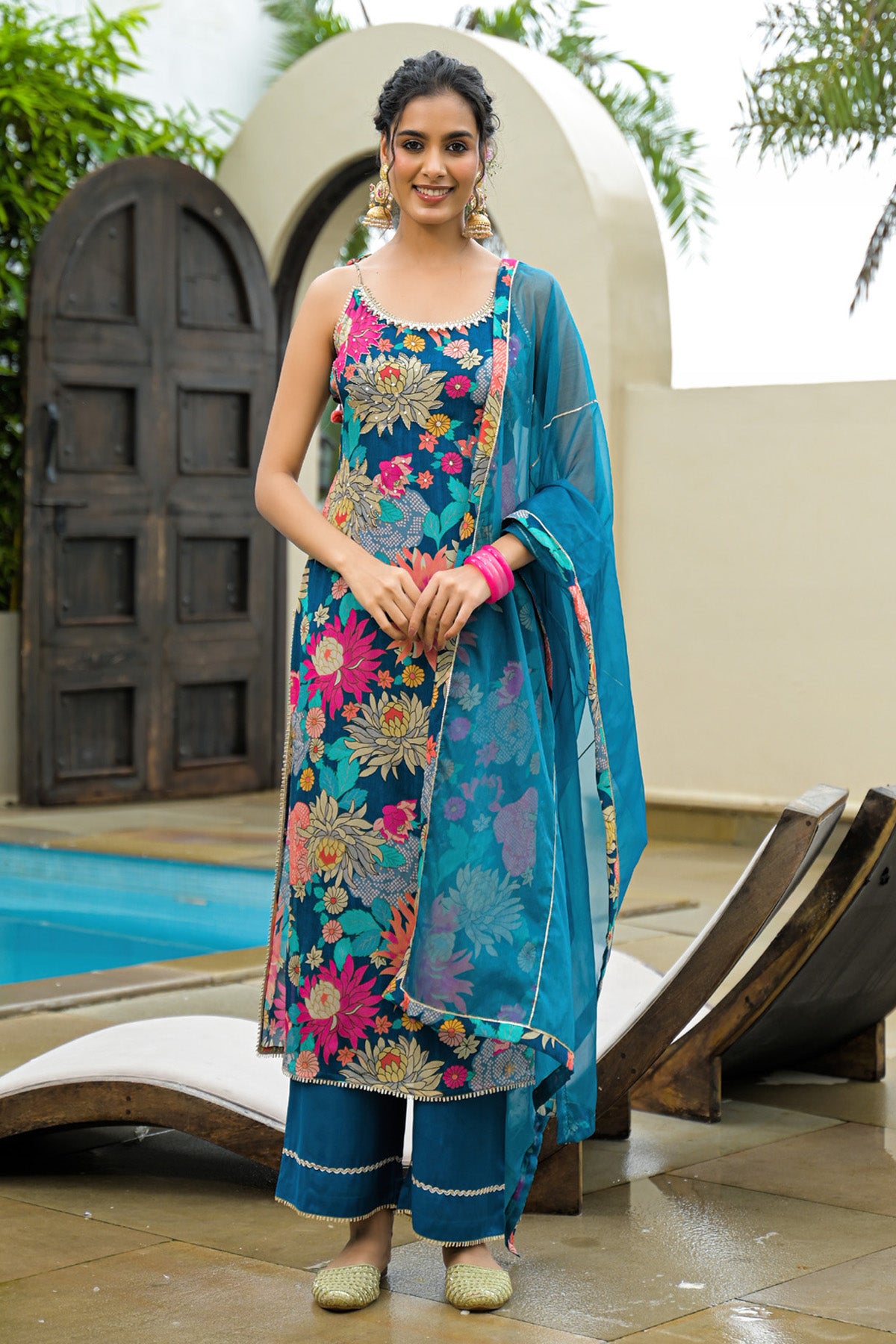 Teal Blue Chinon Handwork Suit Set