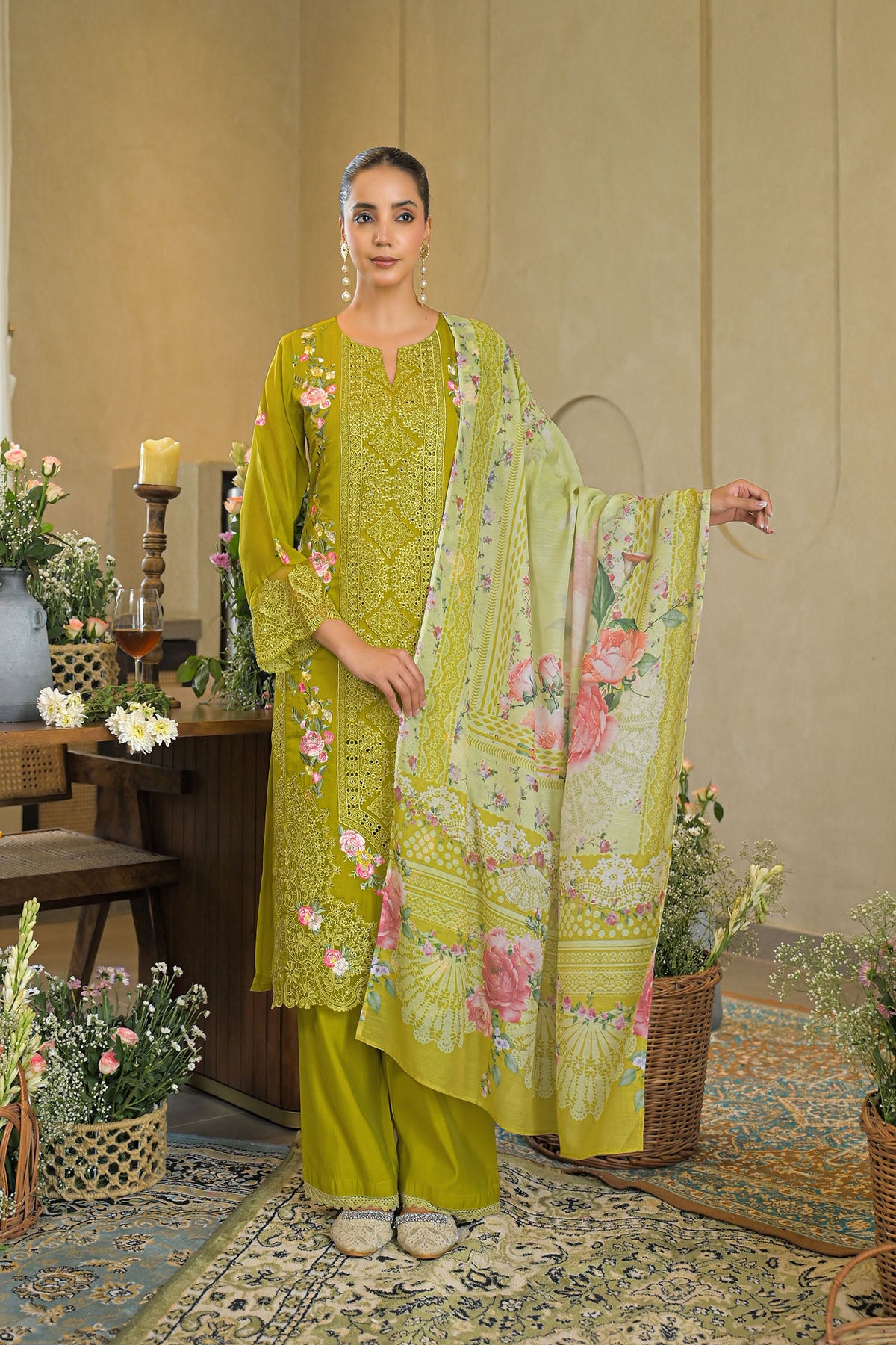 Green Solid Chanderi Embroidered Pakistani Suit