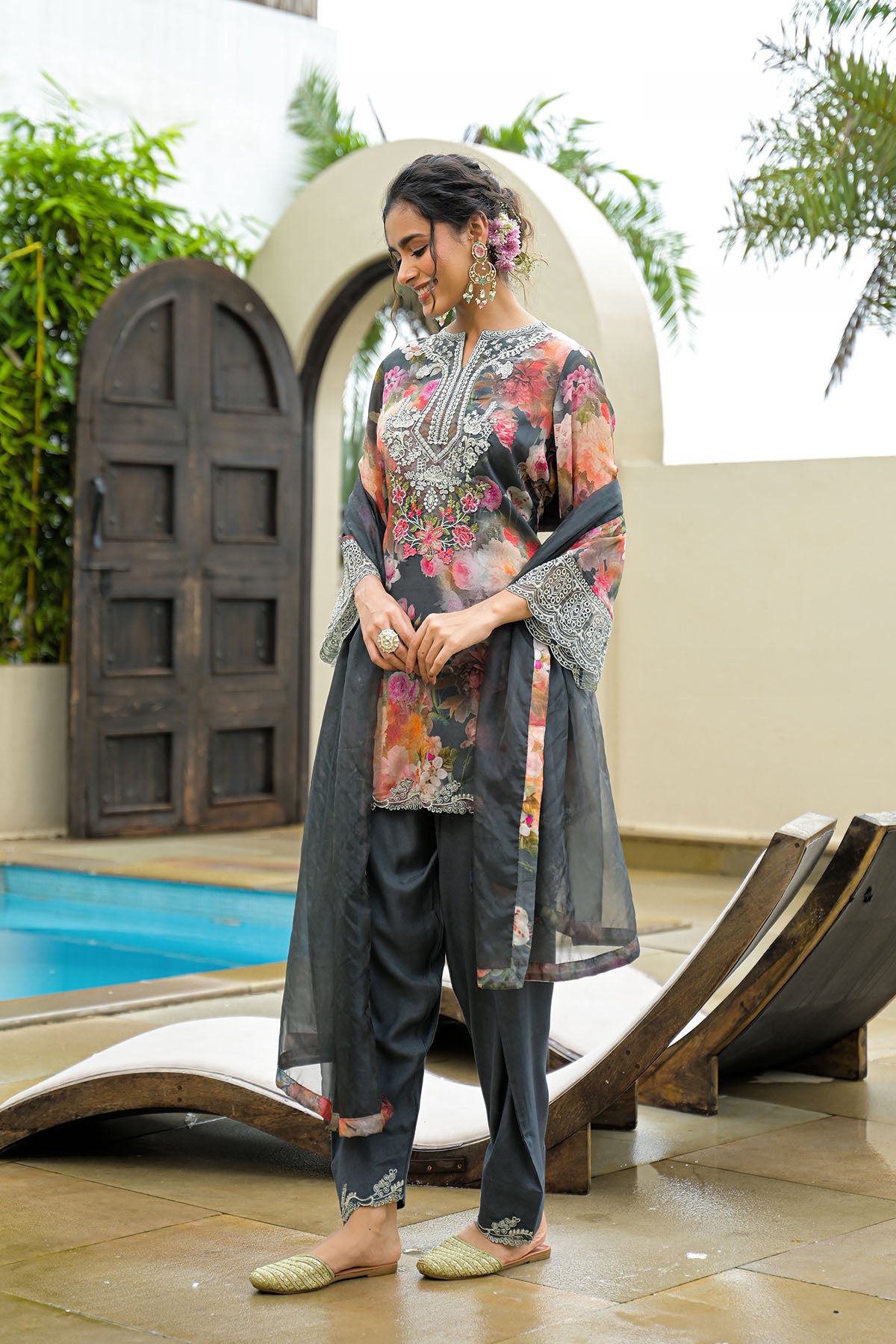 Grey Chinon Embroidered Farsi Salwar Set