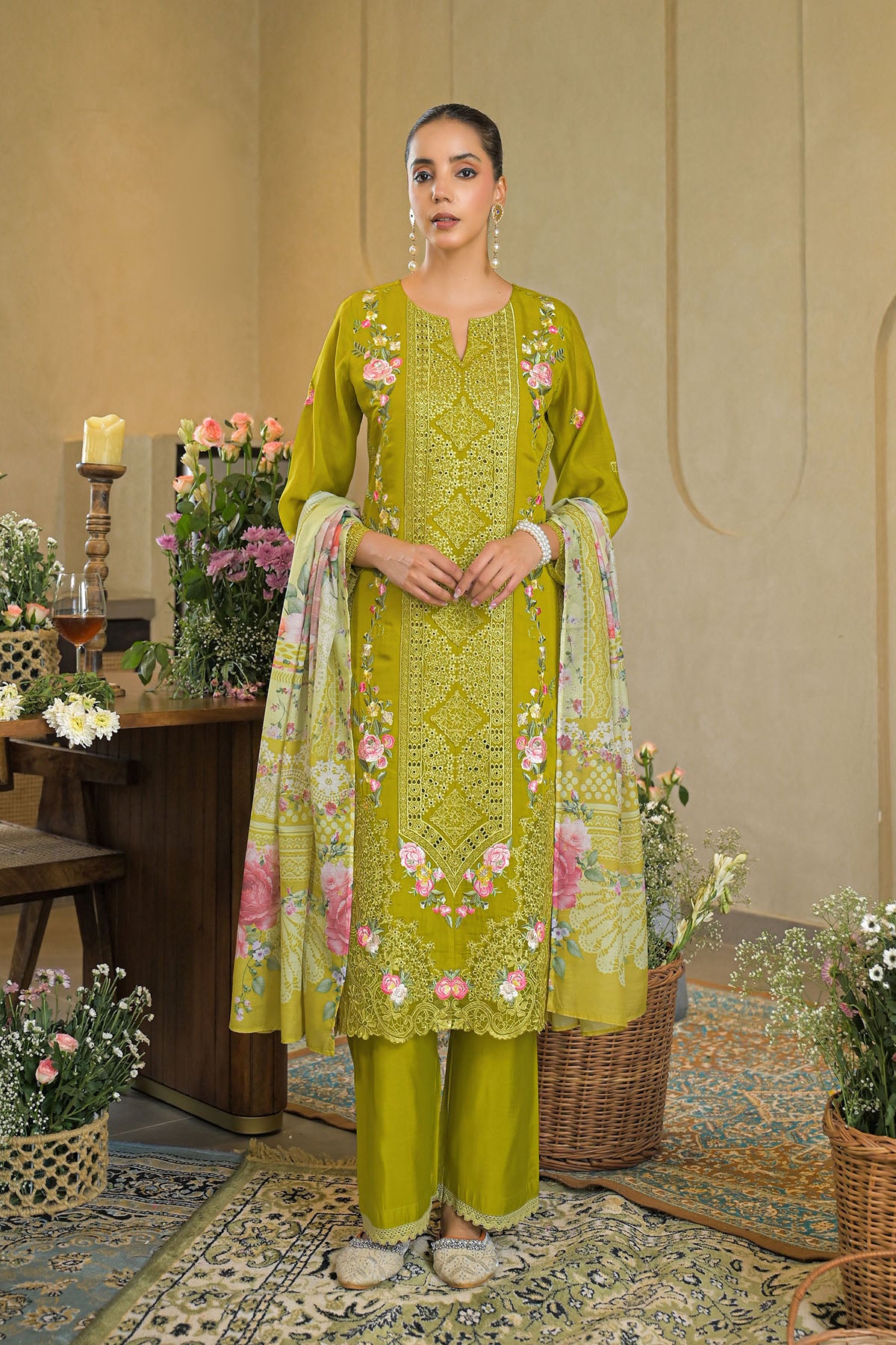 Green Solid Chanderi Embroidered Pakistani Suit