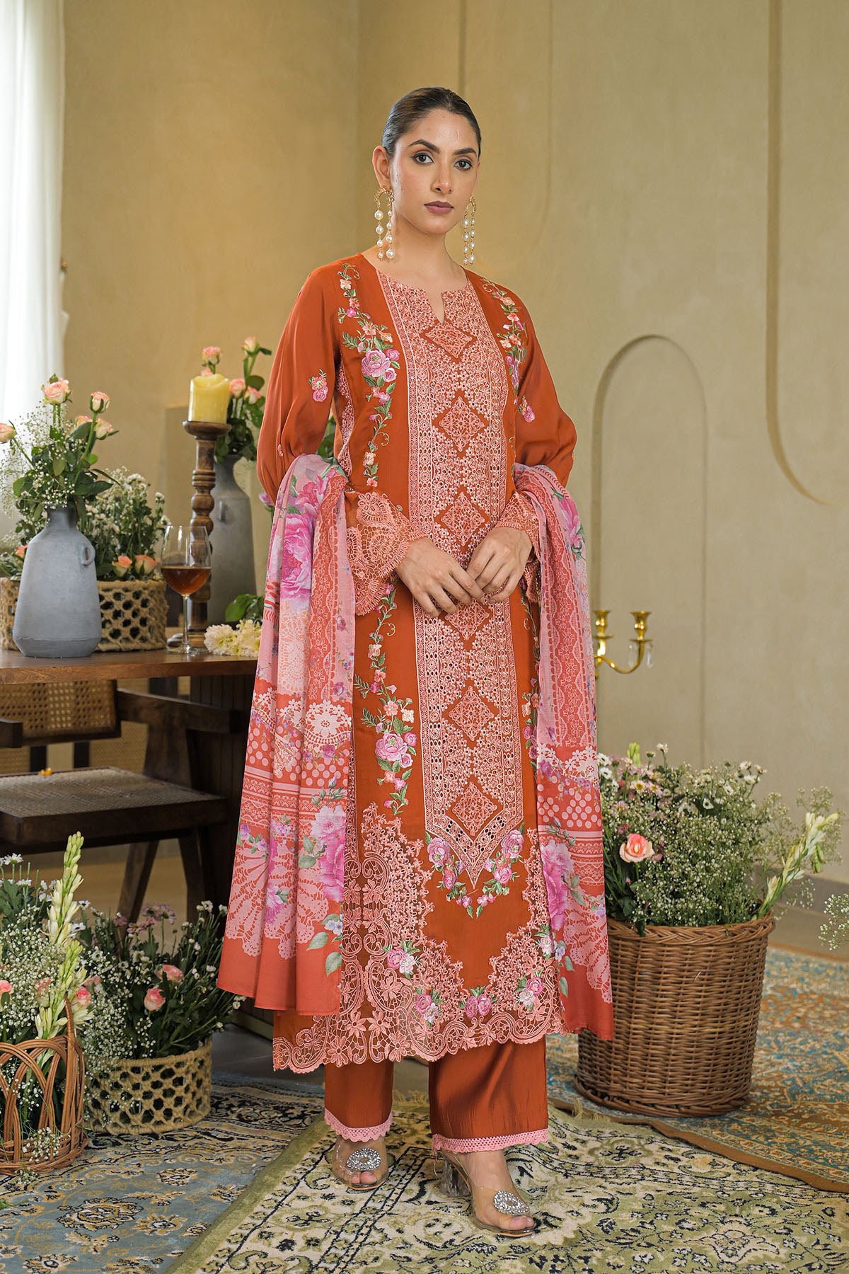 Rust Solid Chanderi Embroidered Pakistani Suit