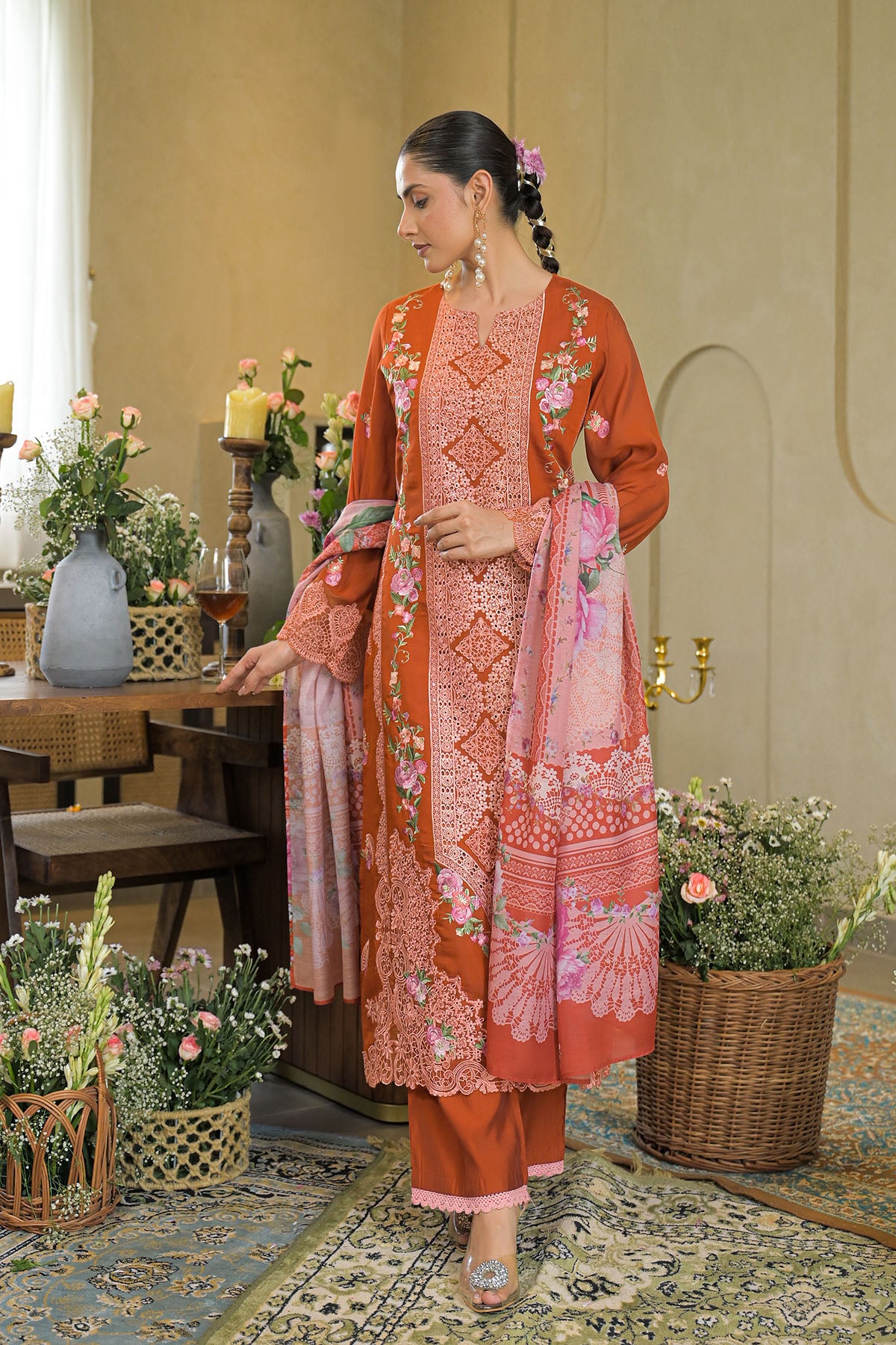 Rust Solid Chanderi Embroidered Pakistani Suit