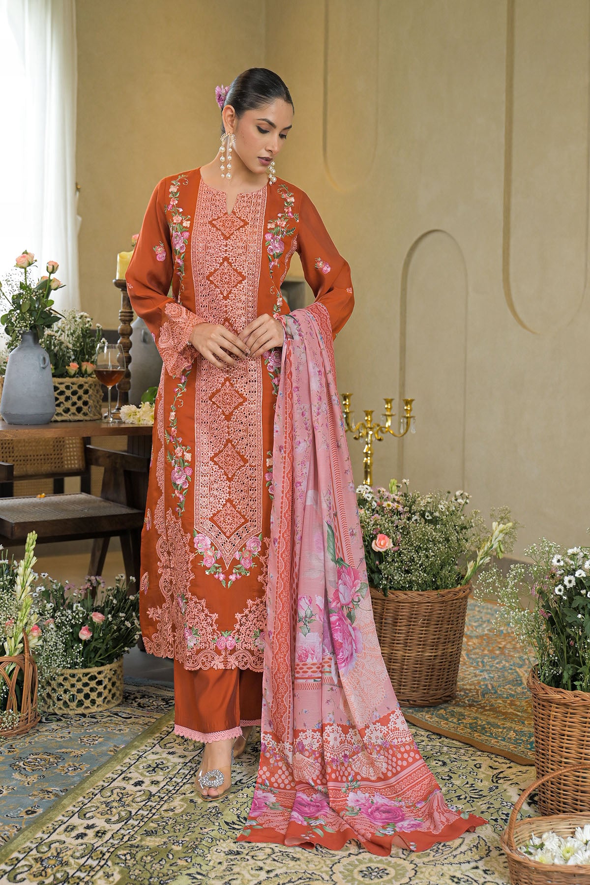 Rust Solid Chanderi Embroidered Pakistani Suit