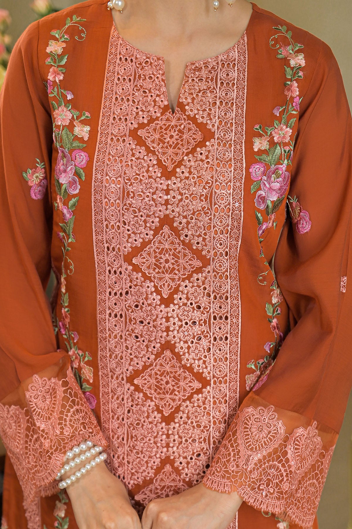 Rust Solid Chanderi Embroidered Pakistani Suit