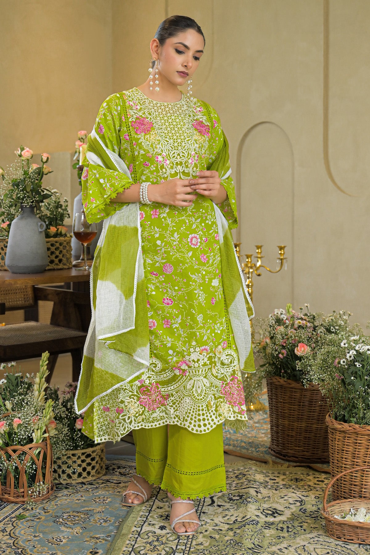 Green Cotton Embroidered Straight Cut Suit Set | Bairaas