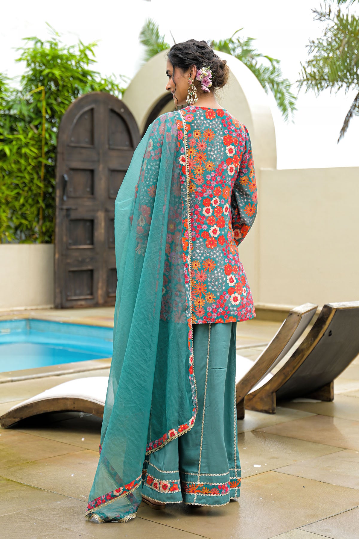 Green Crepe Embroidered Sharara Set
