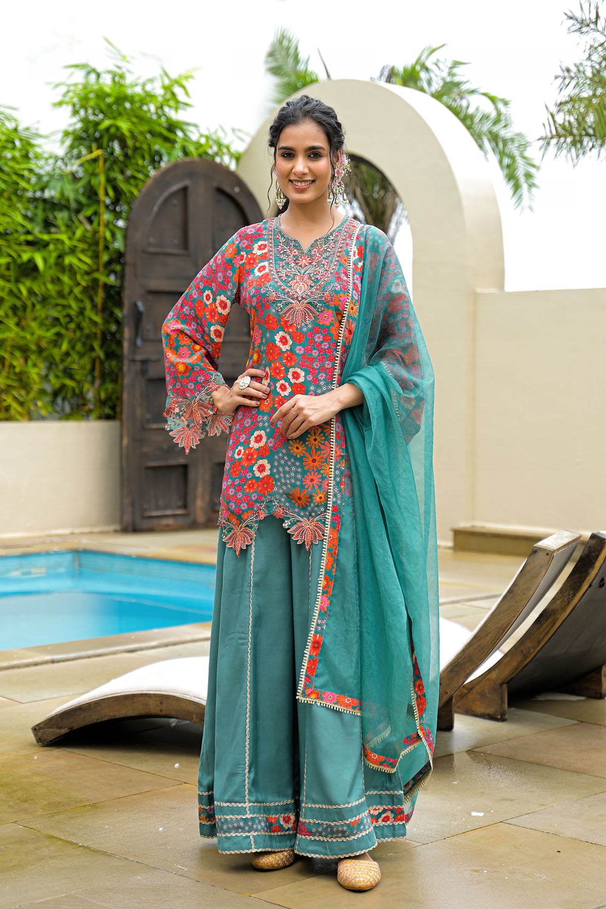 Green Crepe Embroidered Sharara Set