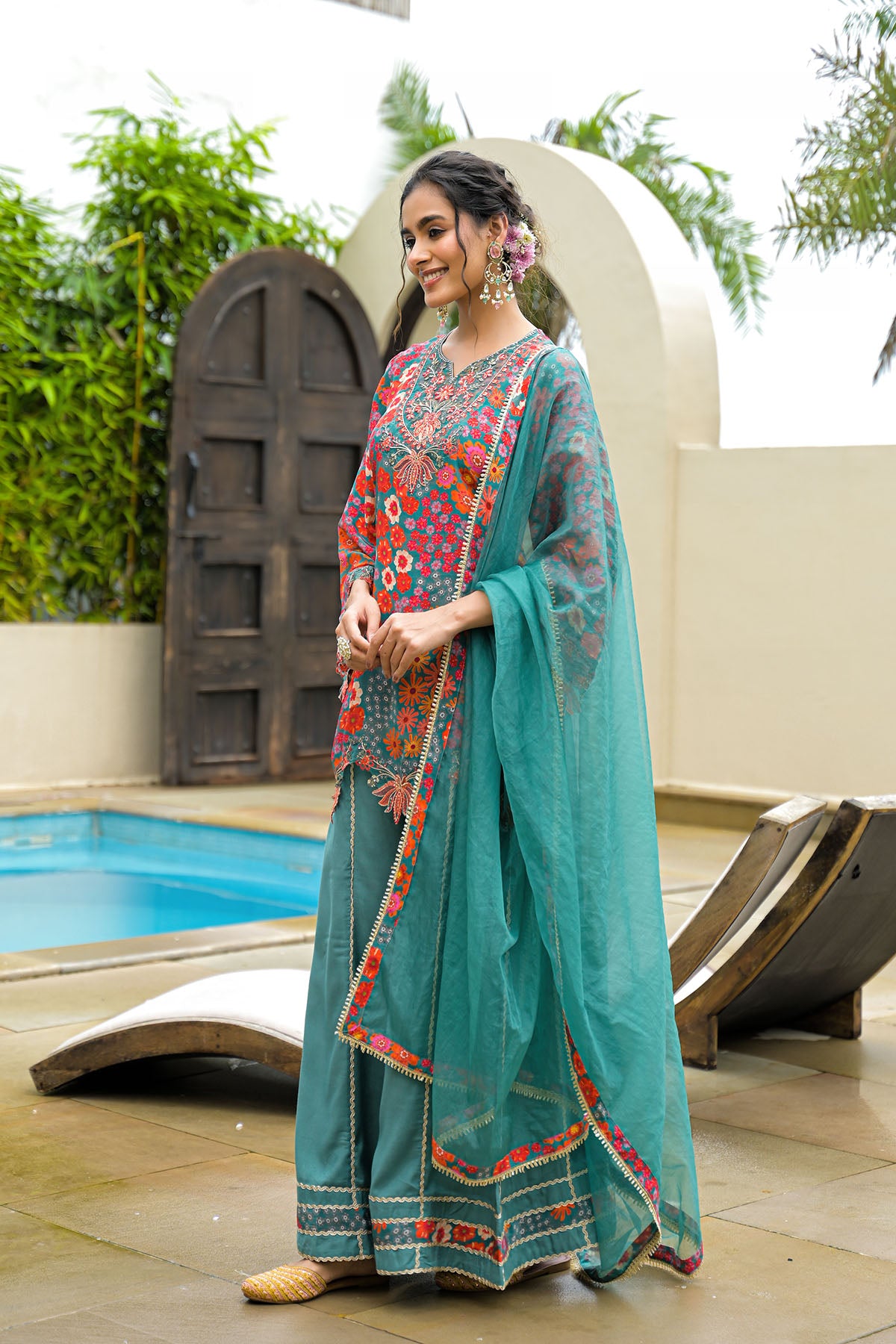 Green Crepe Embroidered Sharara Set
