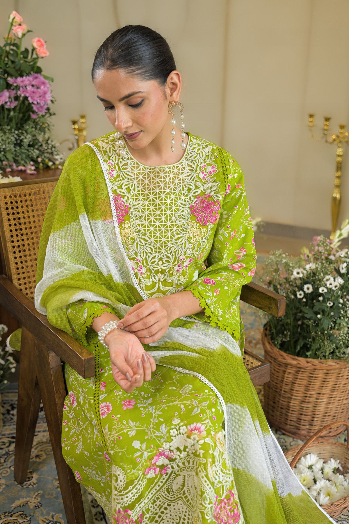 Green Cotton Embroidered Straight Cut Suit Set | Bairaas