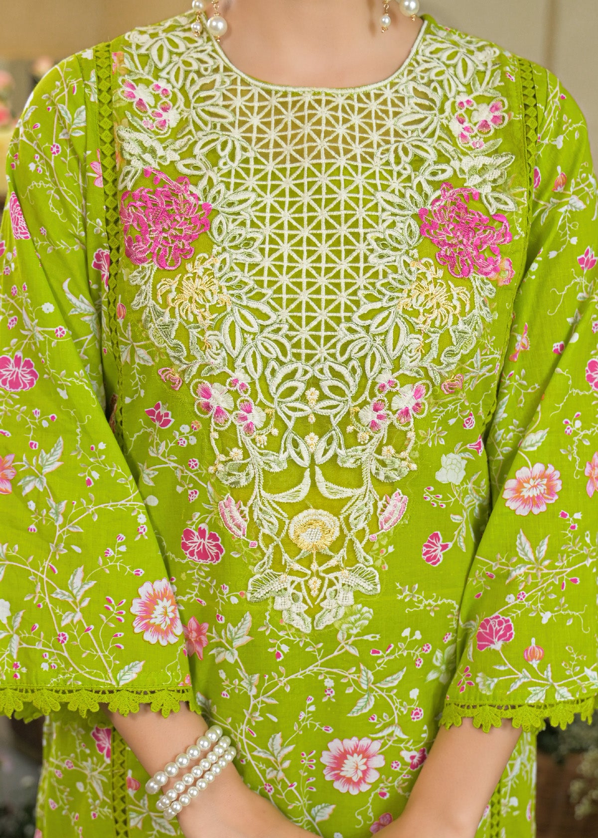 Green Cotton Embroidered Straight Cut Suit Set | Bairaas