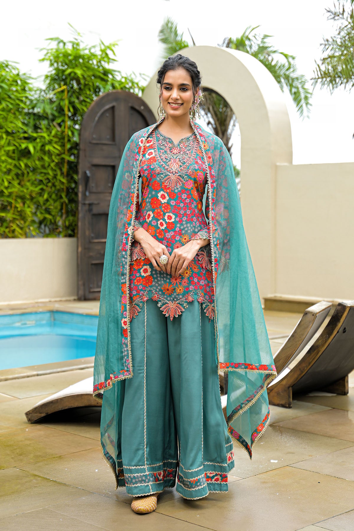 Green Crepe Embroidered Sharara Set