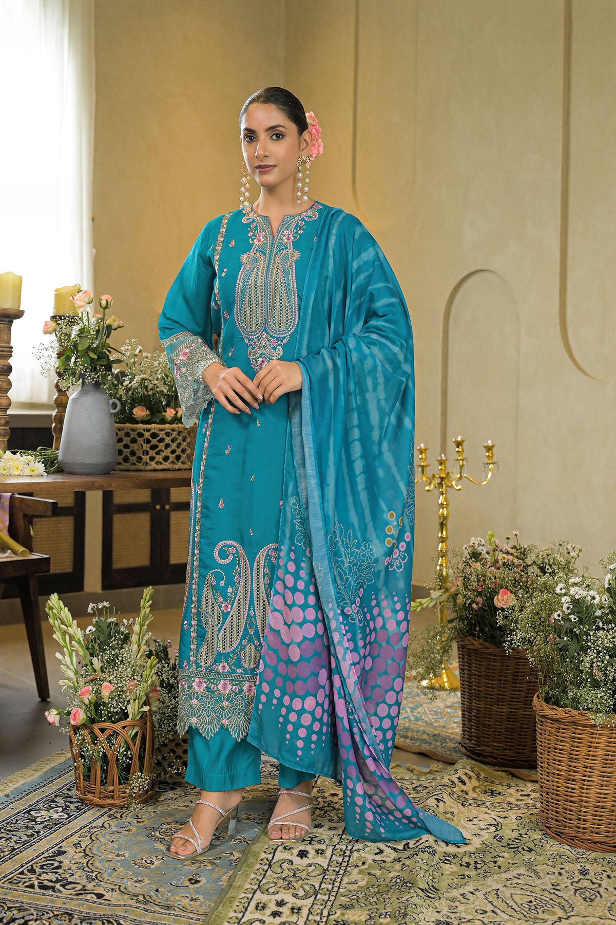 Turquoise Chanderi Embroidered Pakistani Suit