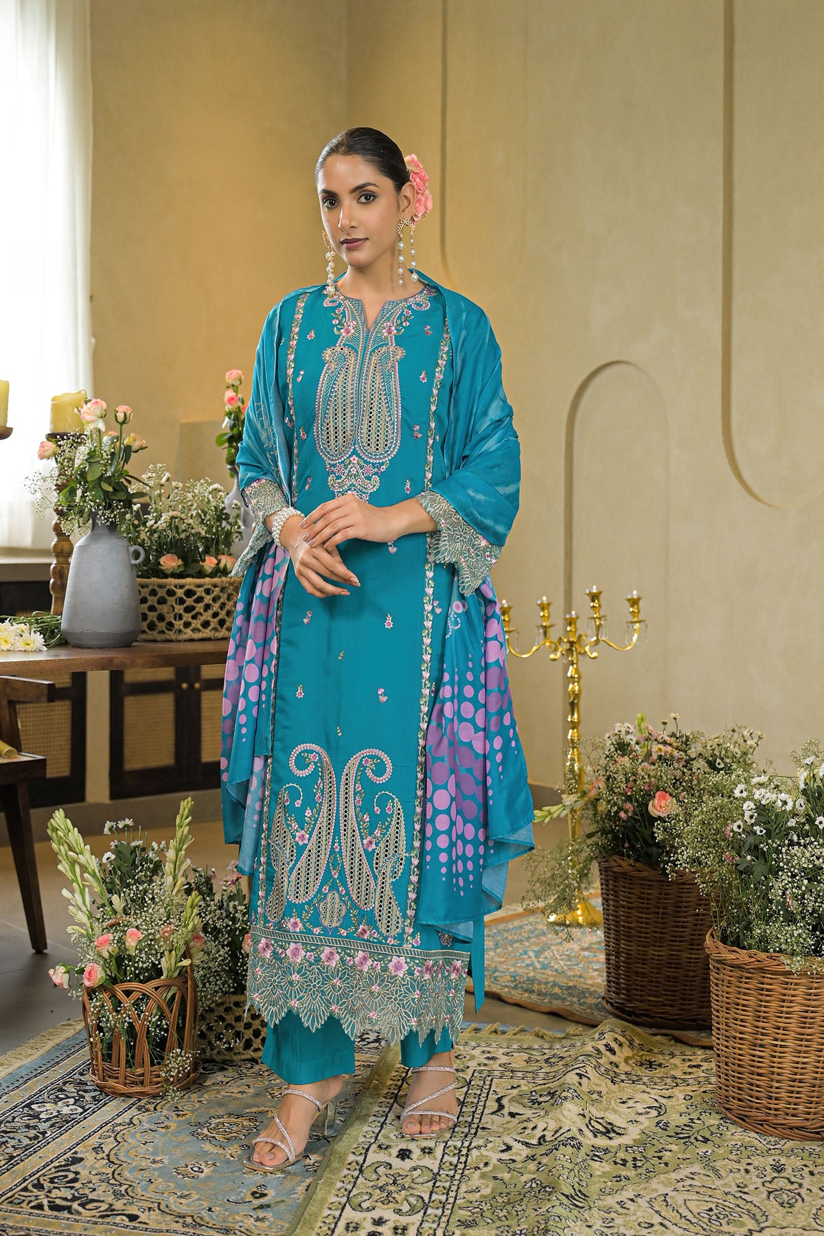 Turquoise Chanderi Embroidered Pakistani Suit