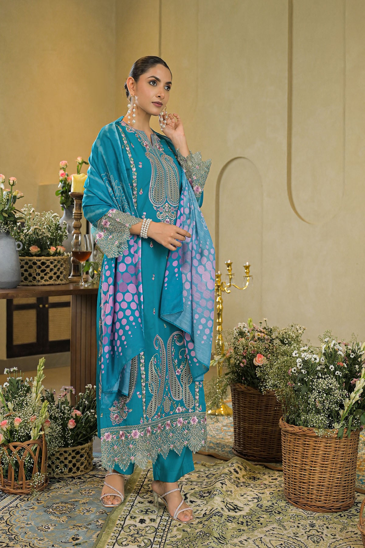 Turquoise Chanderi Embroidered Pakistani Suit