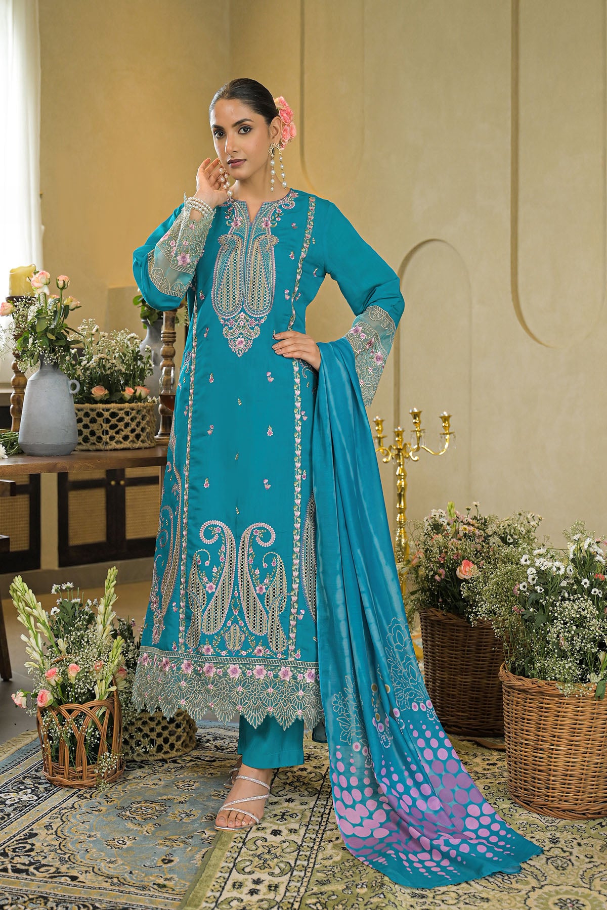 Turquoise Chanderi Embroidered Pakistani Suit