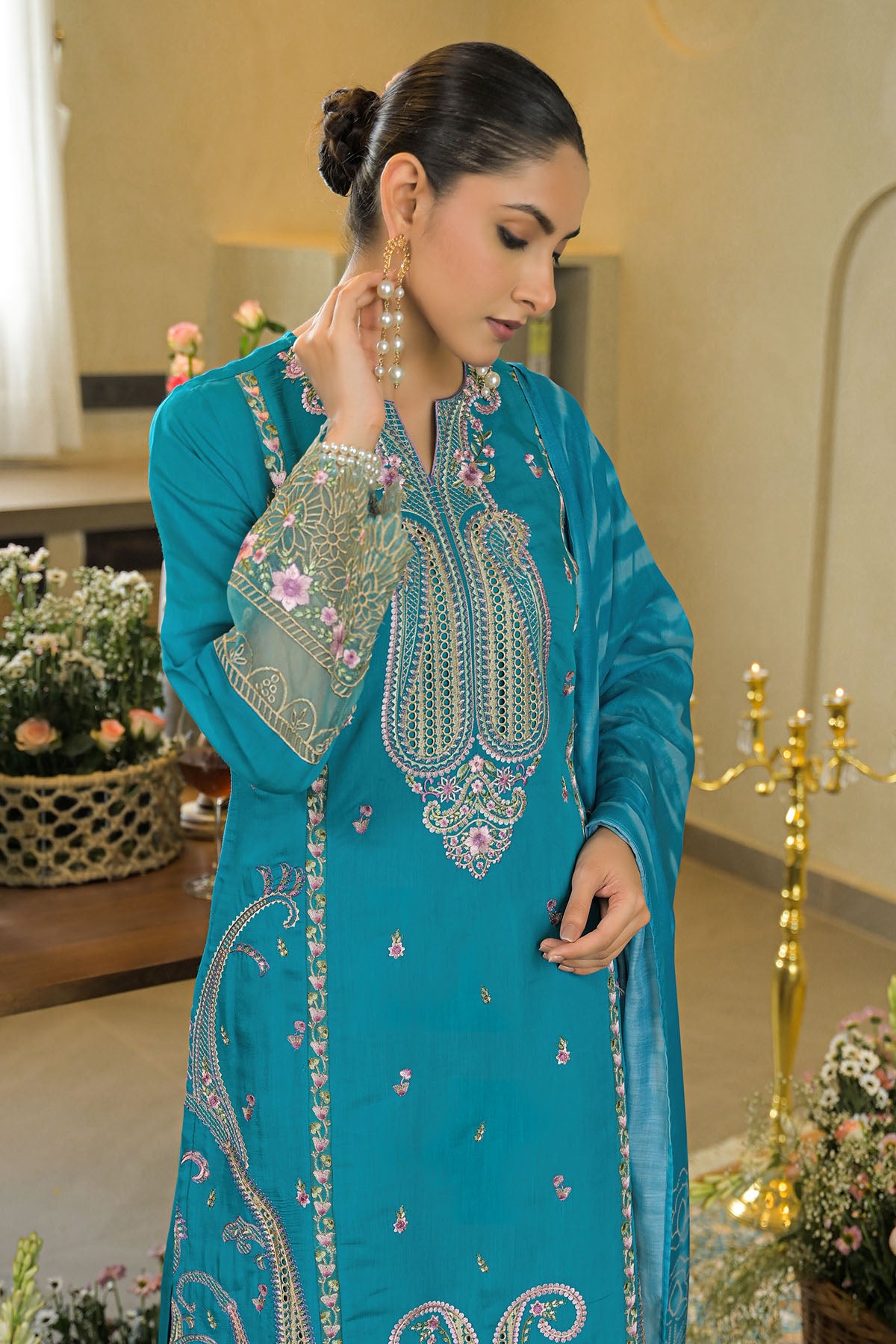 Turquoise Chanderi Embroidered Pakistani Suit