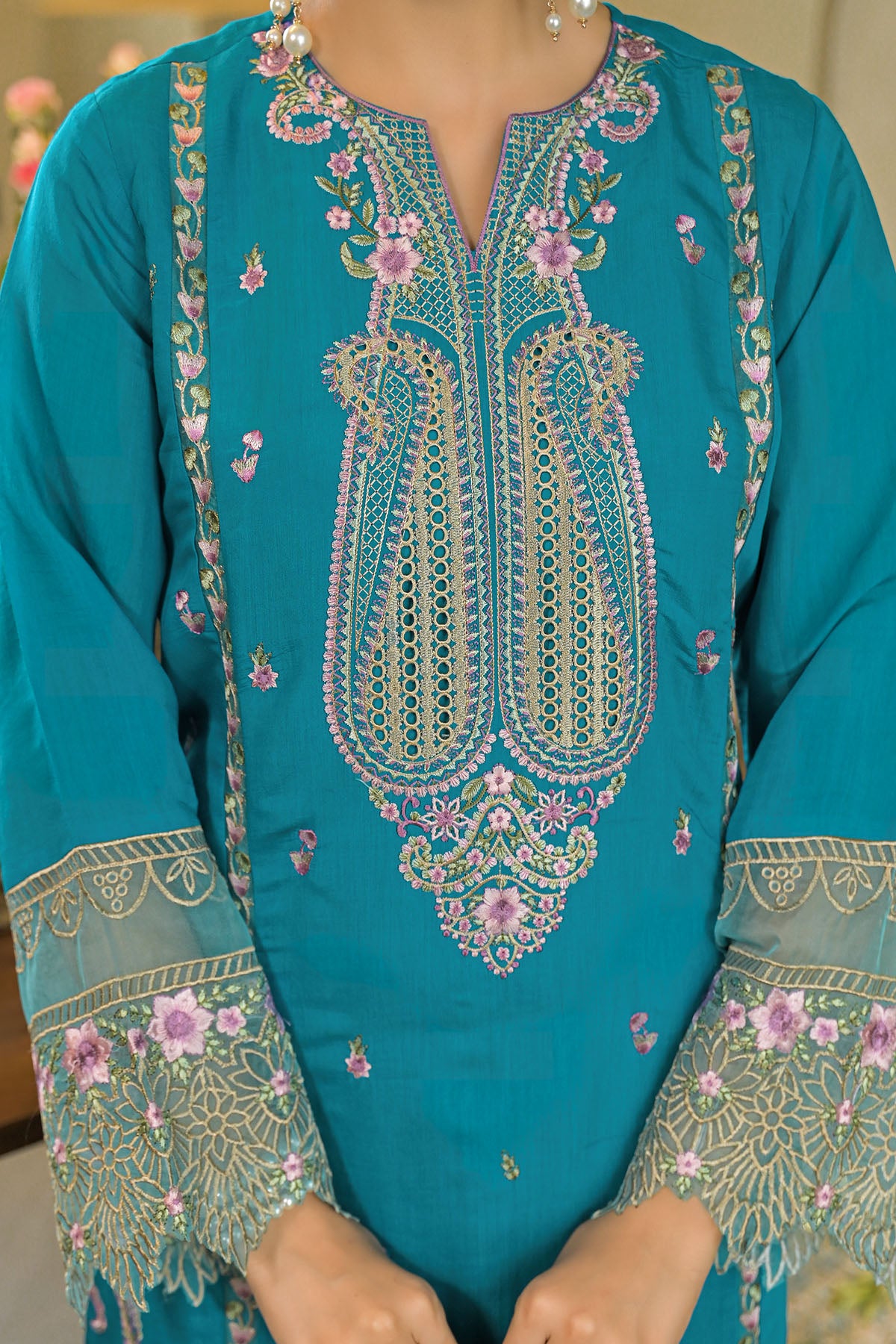 Turquoise Chanderi Embroidered Pakistani Suit