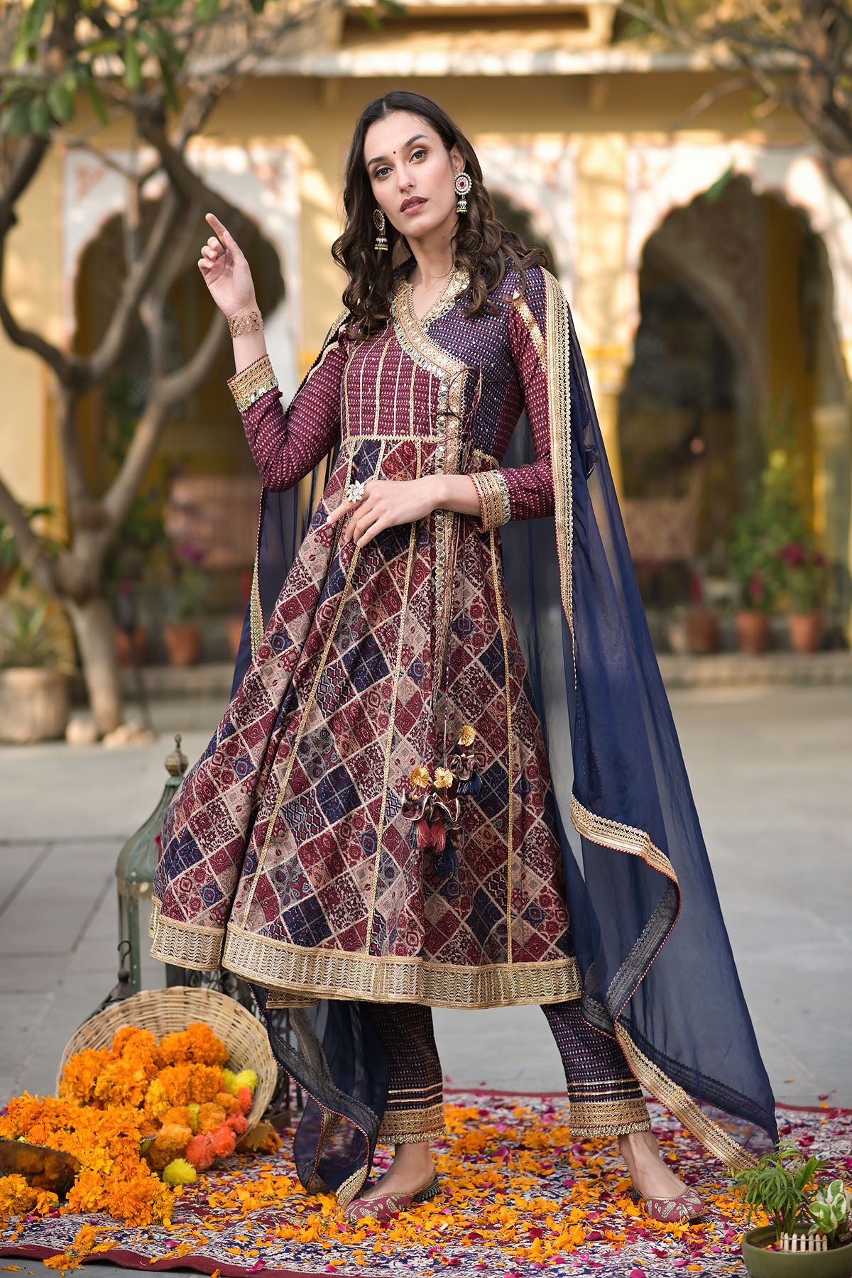 Maroon Angrakha Muslin Gotapatti Anarkali Suit