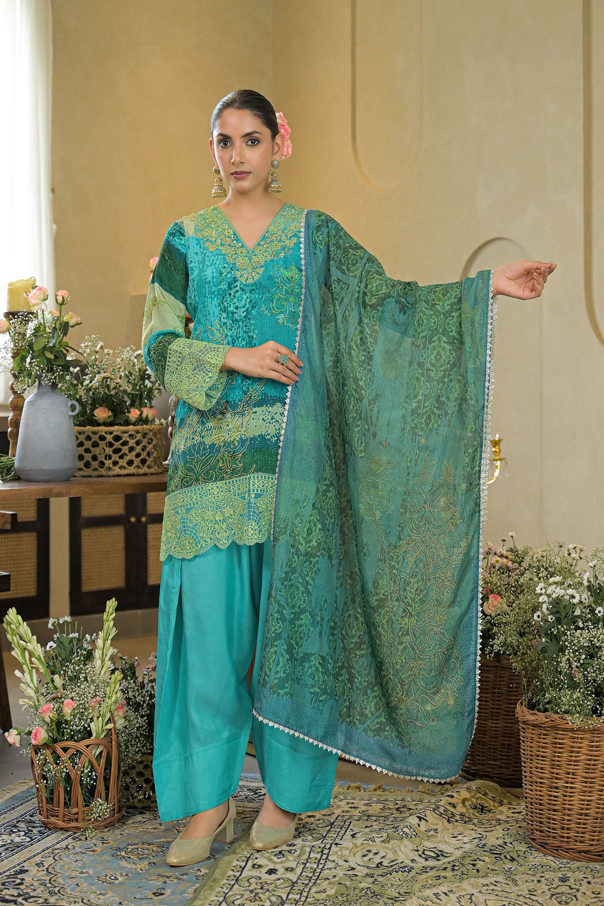 Green Crepe Embroidered Farsi Salwar Set