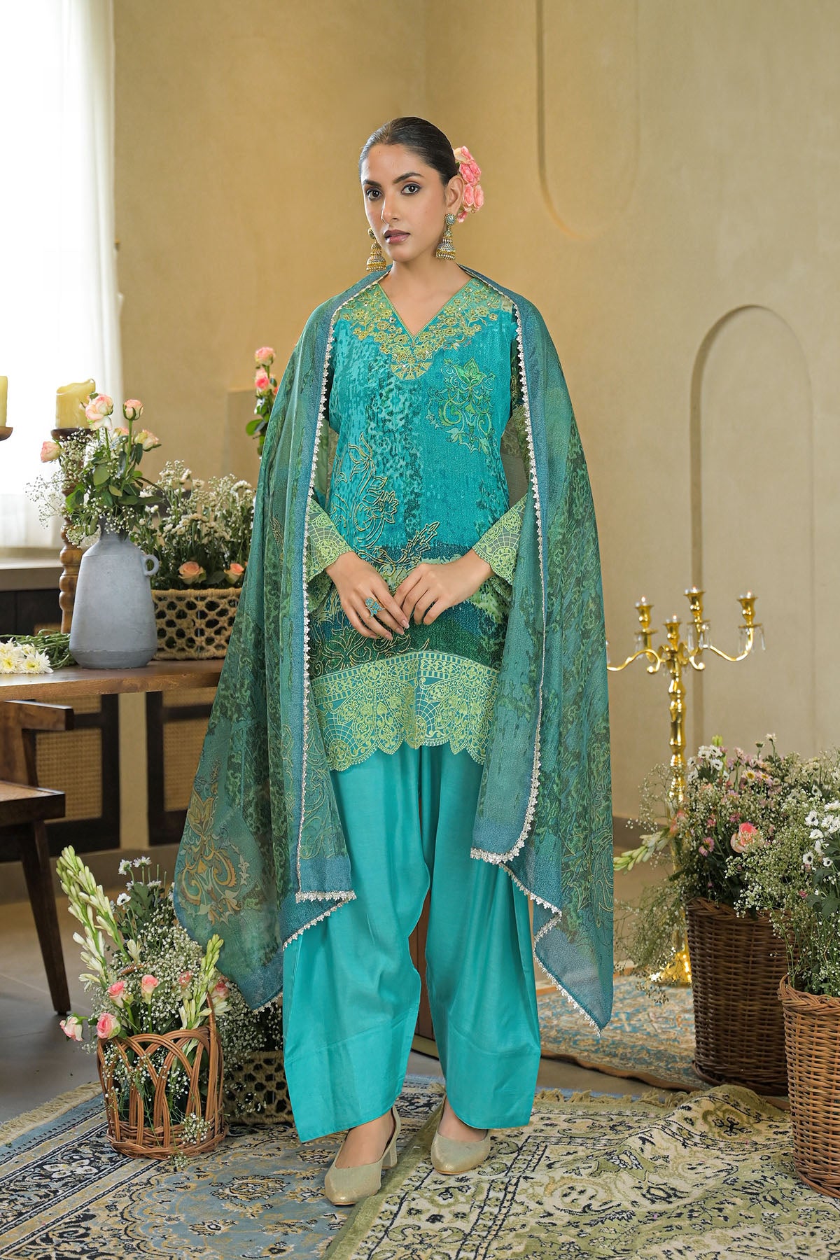 Green Crepe Embroidered Farsi Salwar Set