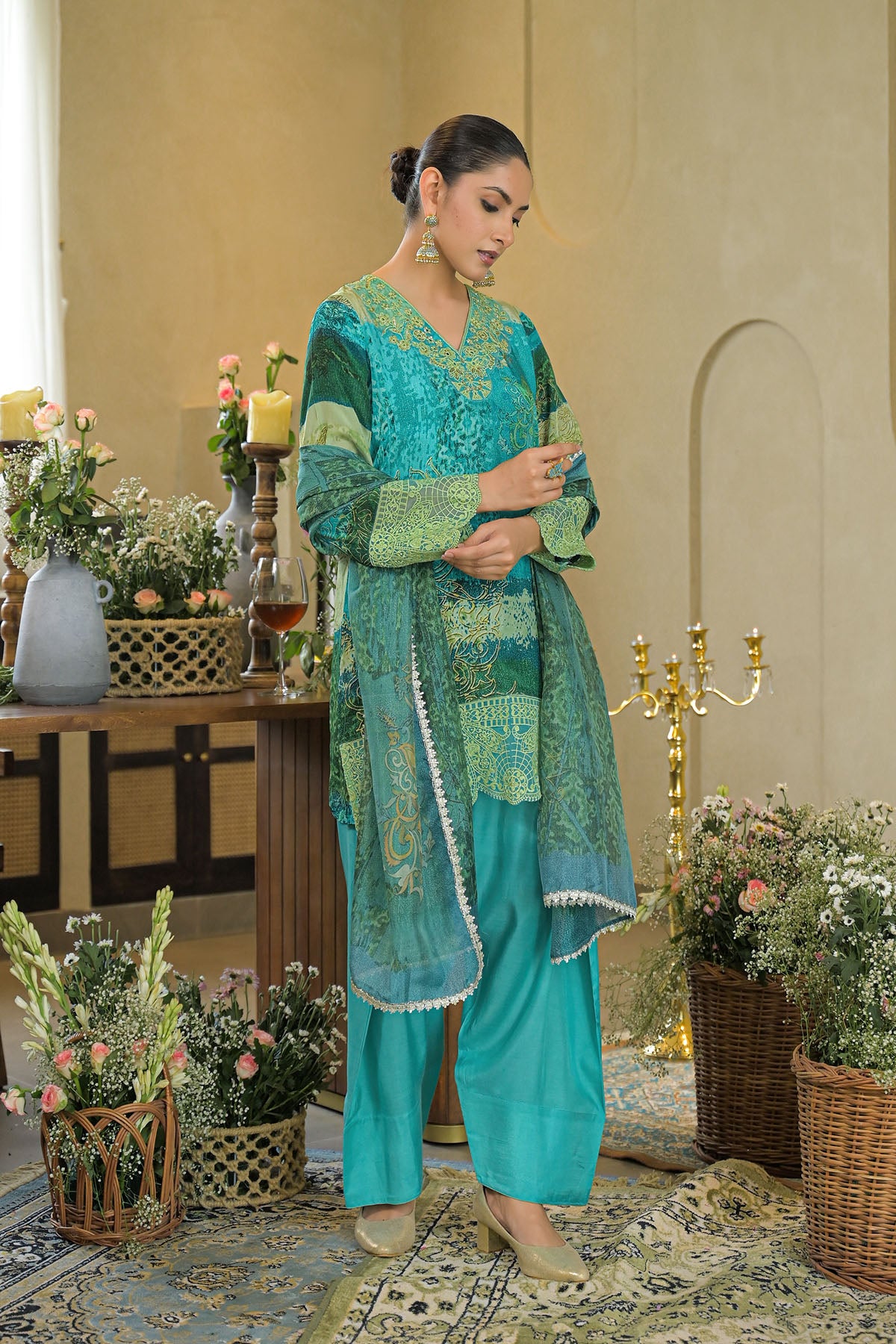 Green Crepe Embroidered Farsi Salwar Set