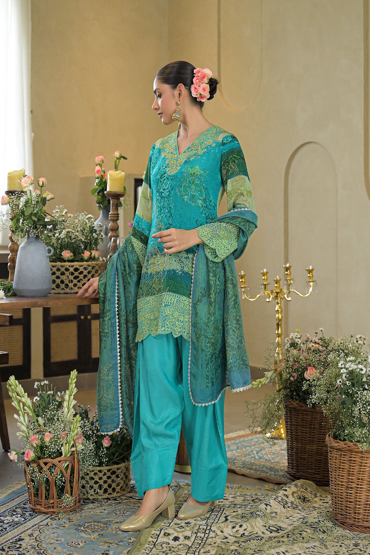 Green Crepe Embroidered Farsi Salwar Set