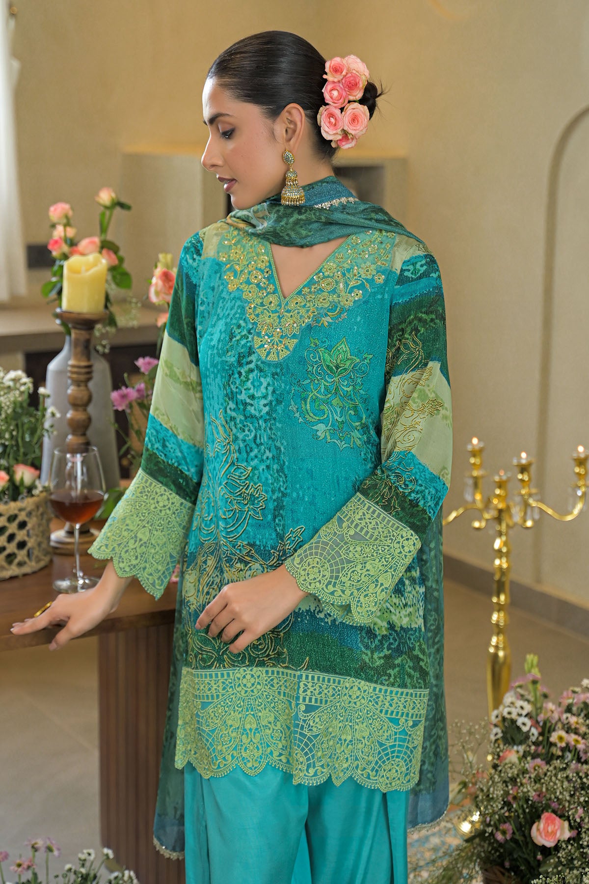 Green Crepe Embroidered Farsi Salwar Set