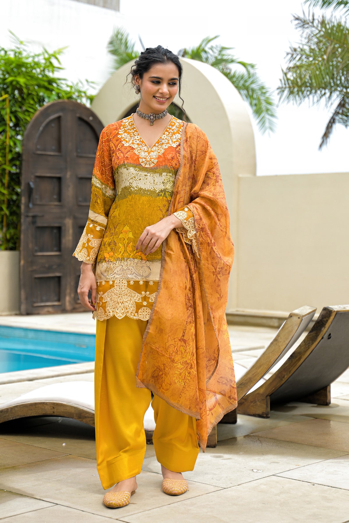 Mustard Crepe Silk Embroidered Straight Cut Suit Set | Bairaas