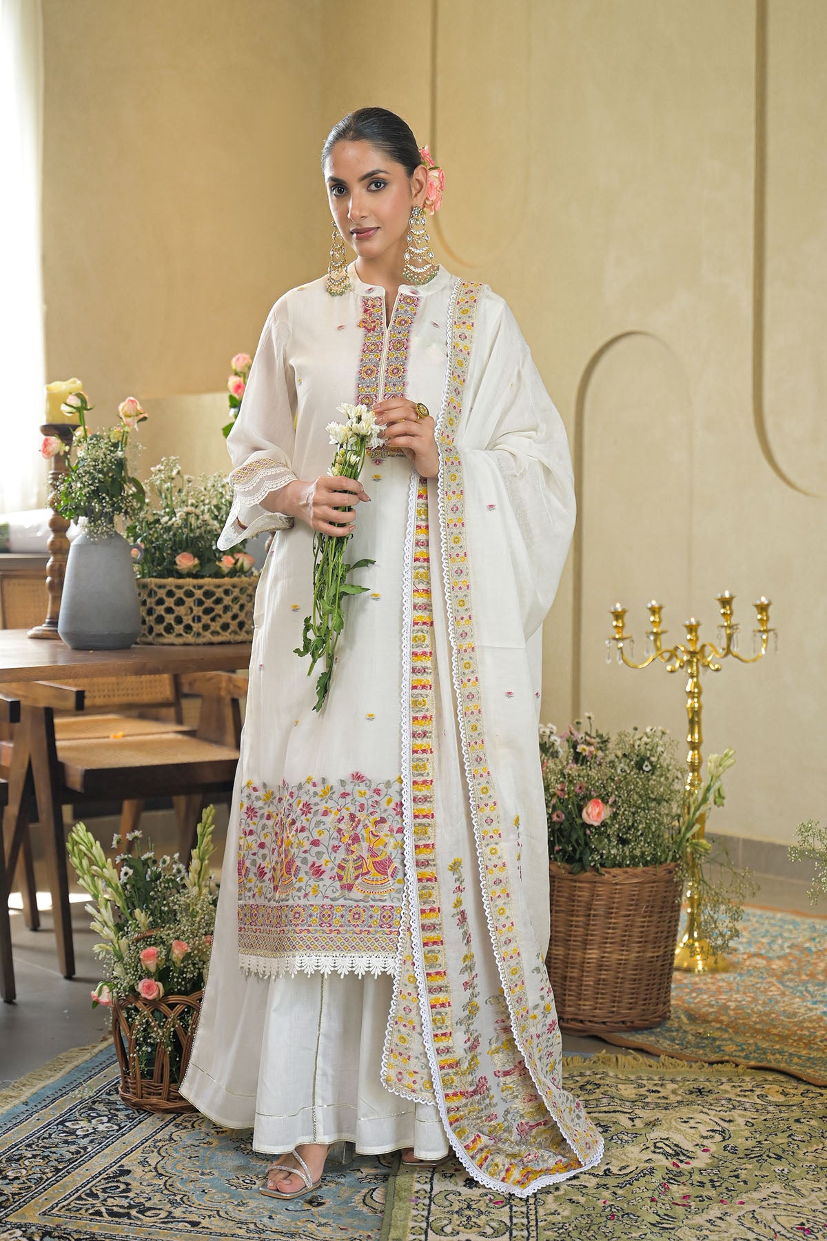 White Jamdani Silk Embroidered Pakistani Suit