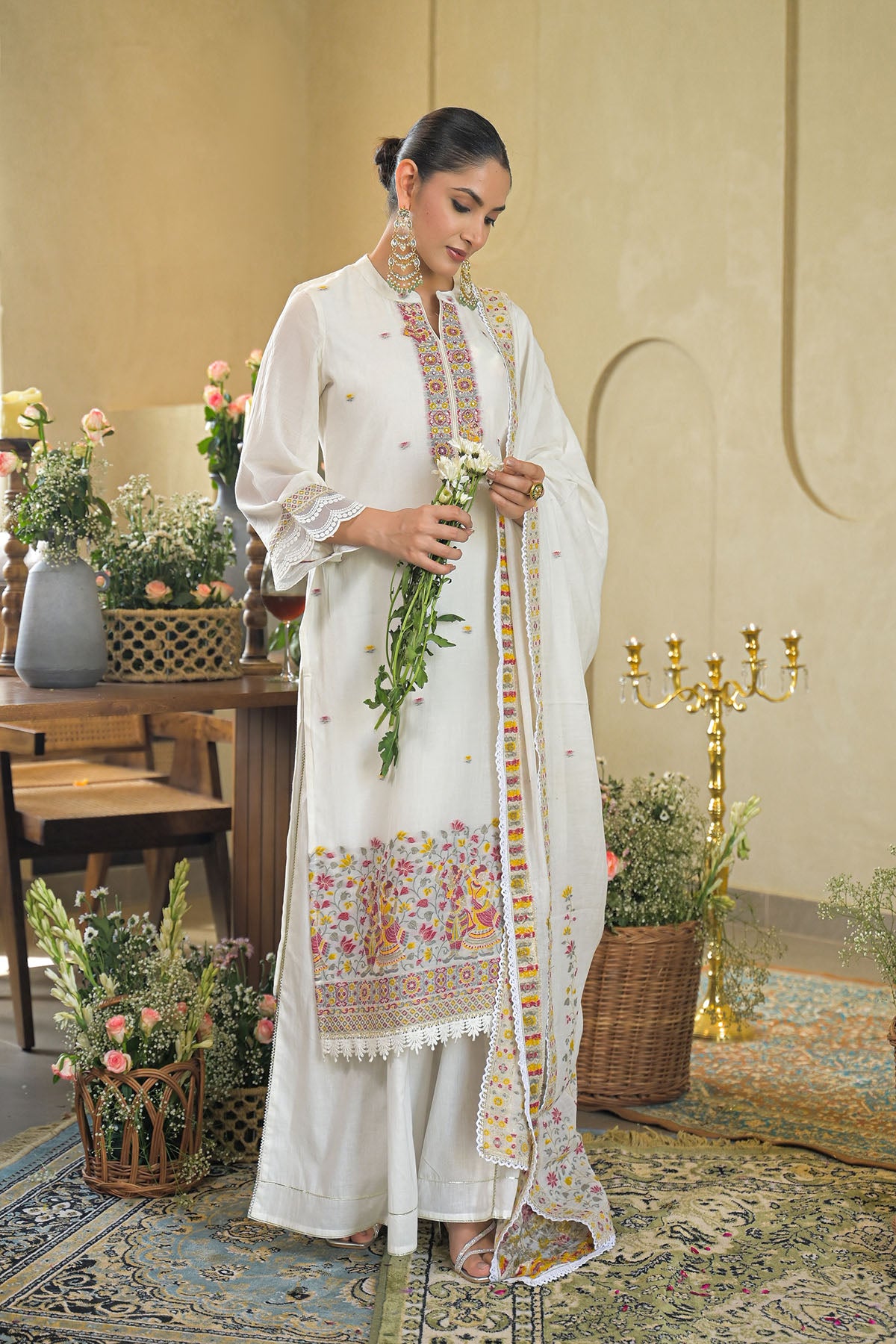 White Jamdani Silk Embroidered Pakistani Suit